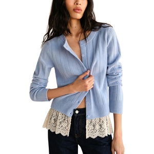 Springrain Women’s Ribbed Knit Cardigan Lace Hem Sweater | Adjustable button front placket, ribbed texture, fake two-piece design, wrinkle-free polyester knit fabric(Blue)