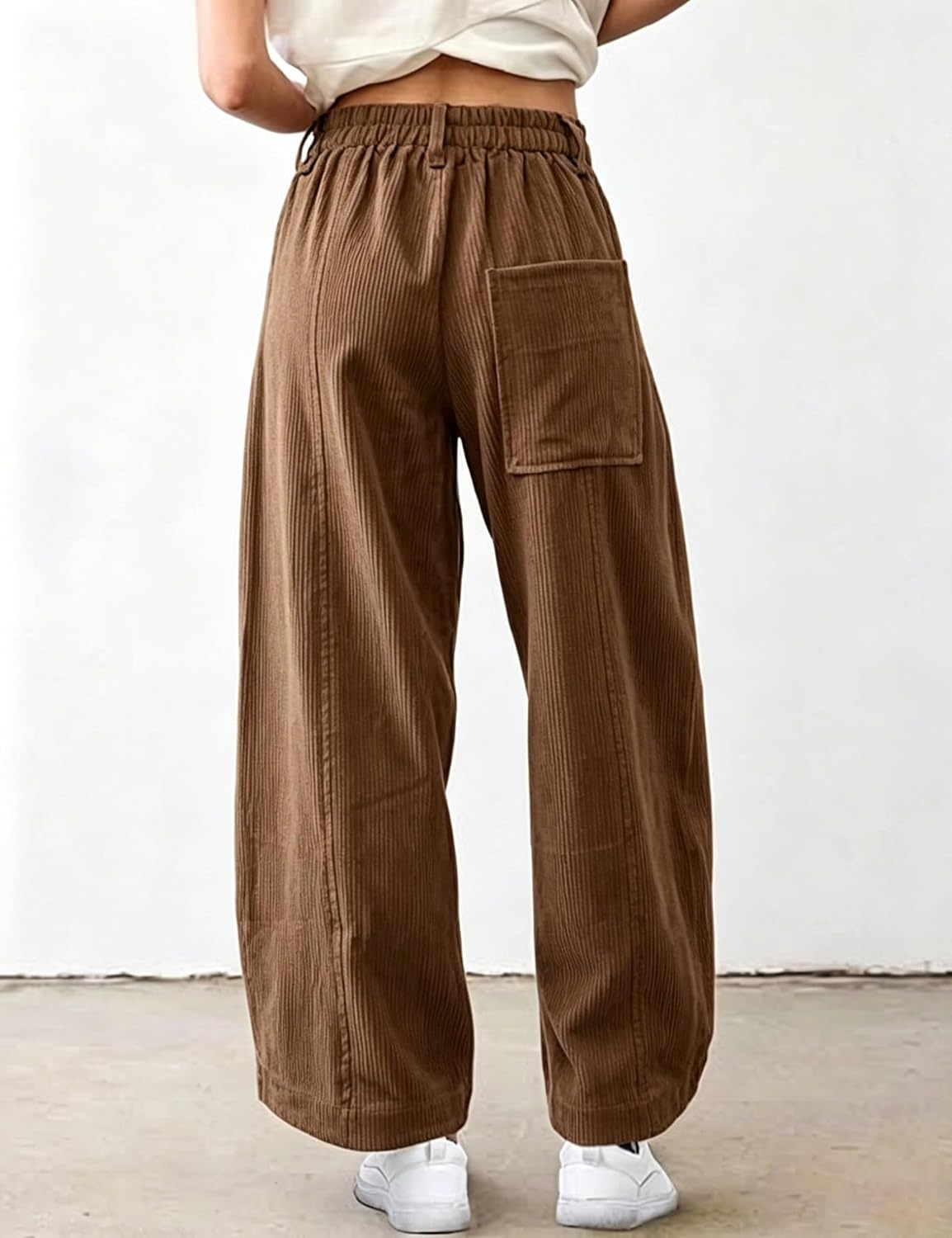image:imageSpringrain Womens Corduroy Barrel Pants High Waist Wide Leg Front Button Elastic Back Waist Side Pockets Rear Patch Pocket Soft Ribbed Texture for Warmth Great for Fall Daily WearBrown