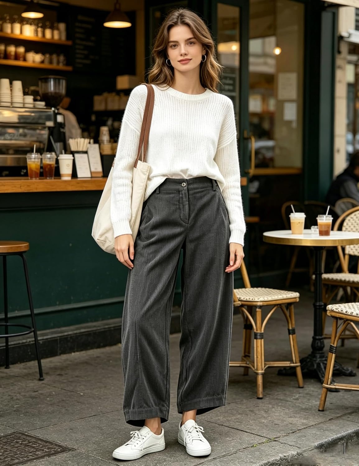 image:imageSpringrain Womens Corduroy Barrel Pants High Waist Wide Leg Front Button Elastic Back Waist Side Pockets Rear Patch Pocket Soft Ribbed Texture for Warmth Great for Fall Daily WearDarkgrey