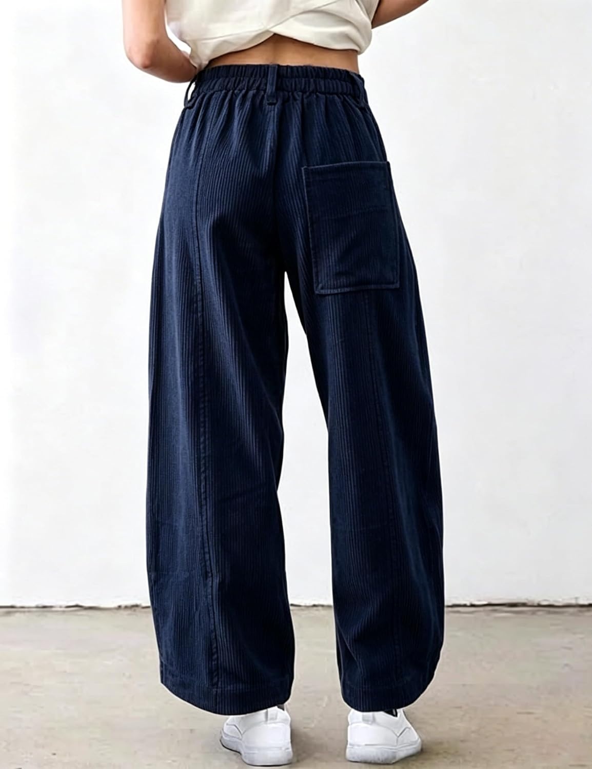 image:imageSpringrain Womens Corduroy Barrel Pants High Waist Wide Leg Front Button Elastic Back Waist Side Pockets Rear Patch Pocket Soft Ribbed Texture for Warmth Great for Fall Daily WearNavy