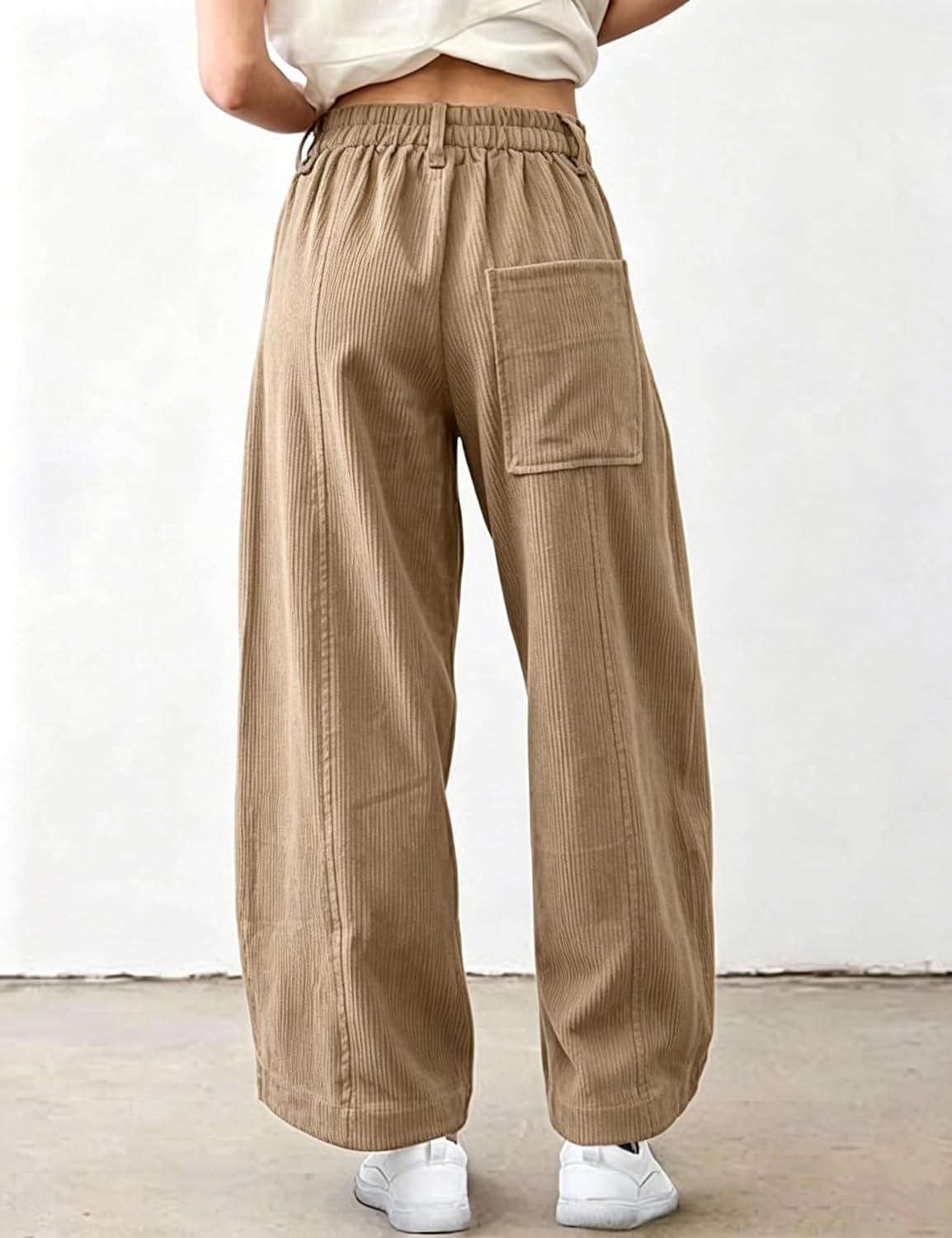 image:imageSpringrain Womens Corduroy Barrel Pants High Waist Wide Leg Front Button Elastic Back Waist Side Pockets Rear Patch Pocket Soft Ribbed Texture for Warmth Great for Fall Daily WearKhaki