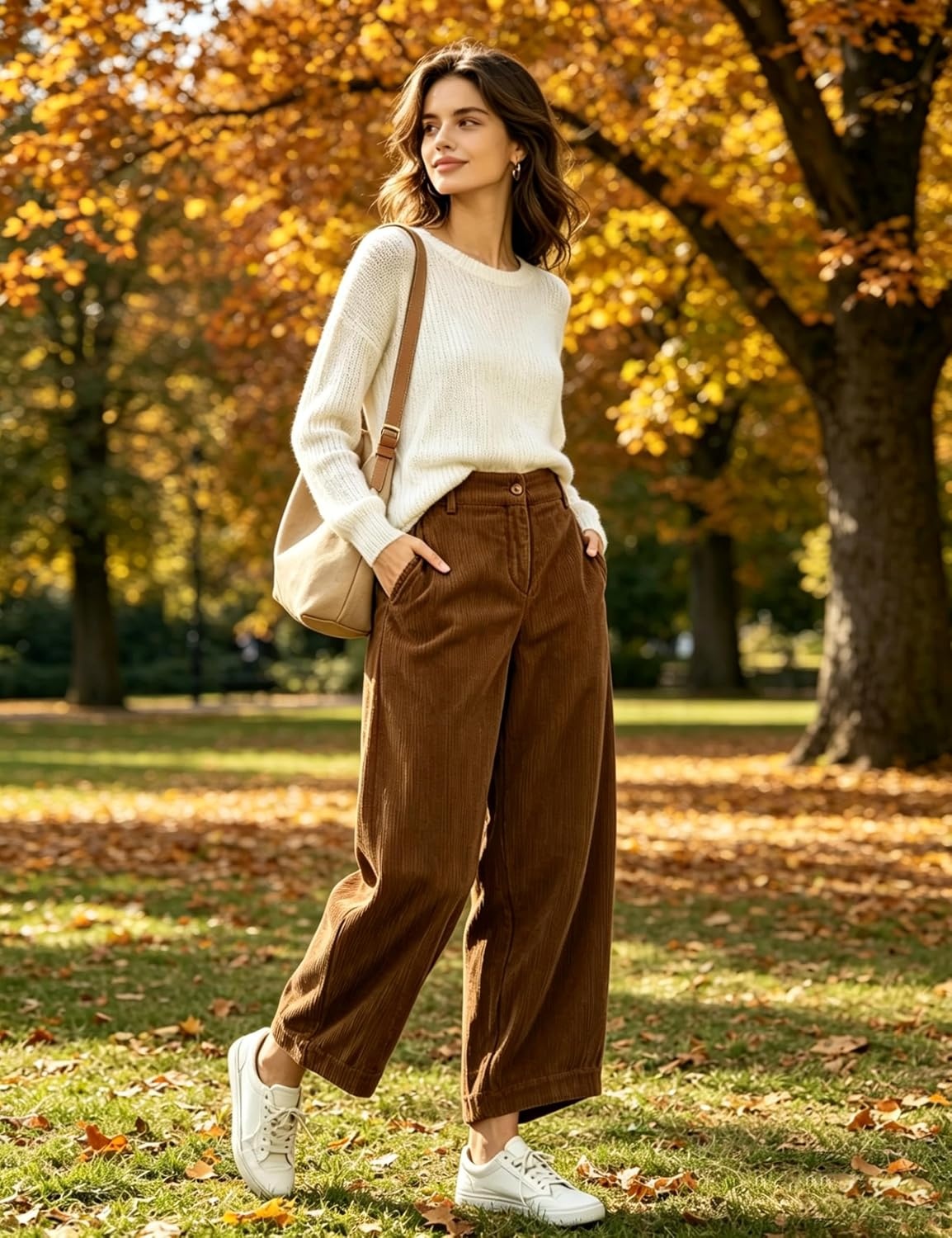 image:imageSpringrain Womens Corduroy Barrel Pants High Waist Wide Leg Front Button Elastic Back Waist Side Pockets Rear Patch Pocket Soft Ribbed Texture for Warmth Great for Fall Daily WearBrown