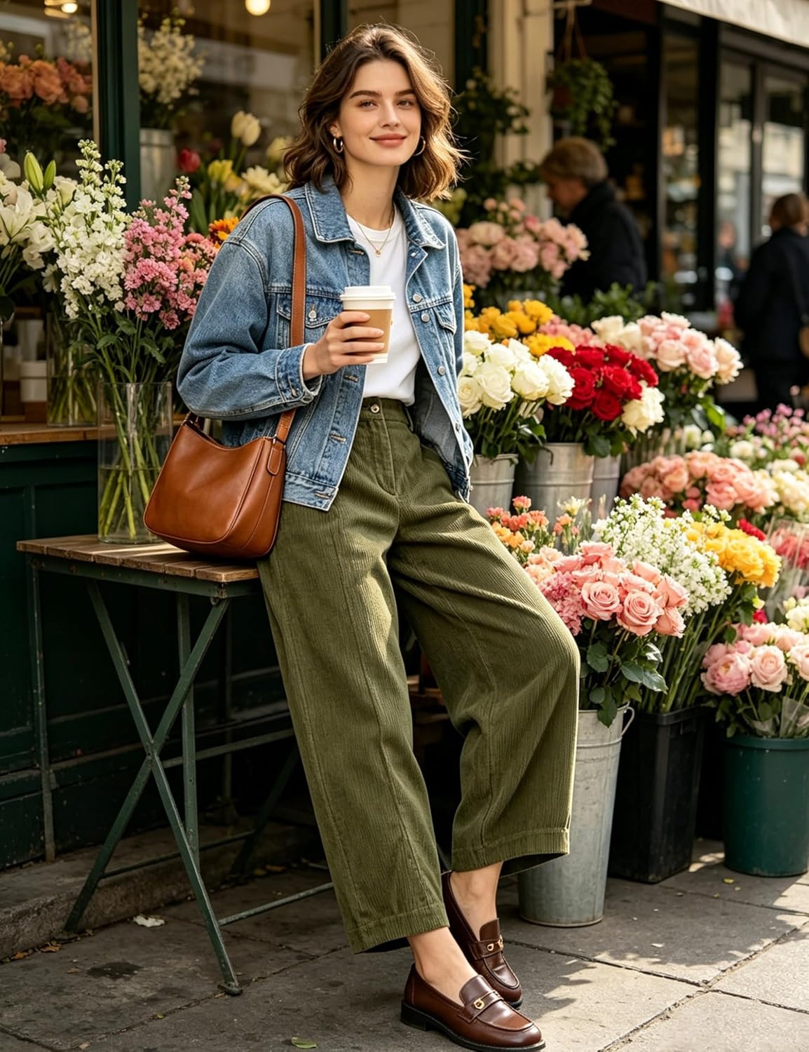 image:imageSpringrain Womens Corduroy Barrel Pants High Waist Wide Leg Front Button Elastic Back Waist Side Pockets Rear Patch Pocket Soft Ribbed Texture for Warmth Great for Fall Daily WearGreen