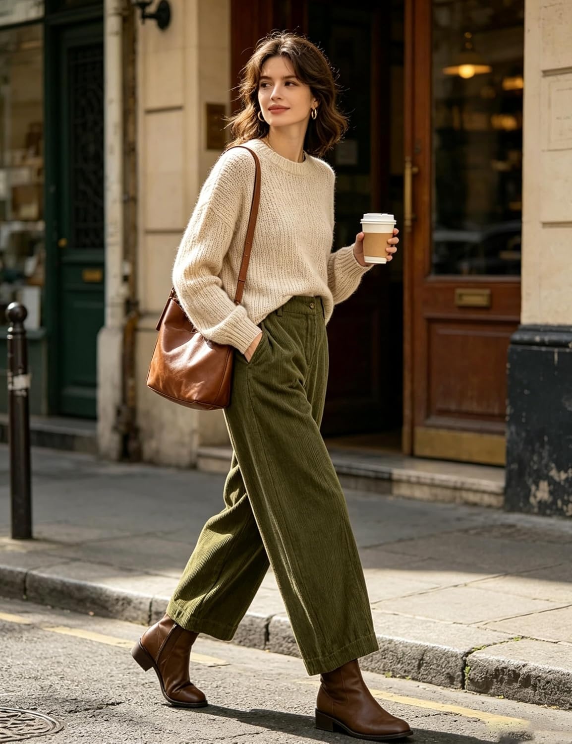 image:imageSpringrain Womens Corduroy Barrel Pants High Waist Wide Leg Front Button Elastic Back Waist Side Pockets Rear Patch Pocket Soft Ribbed Texture for Warmth Great for Fall Daily WearGreen