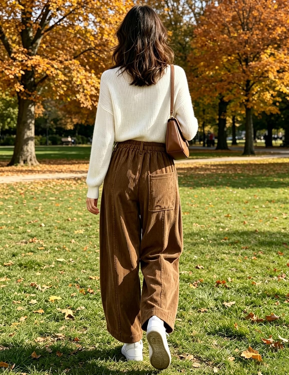 image:imageSpringrain Womens Corduroy Barrel Pants High Waist Wide Leg Front Button Elastic Back Waist Side Pockets Rear Patch Pocket Soft Ribbed Texture for Warmth Great for Fall Daily WearBrown
