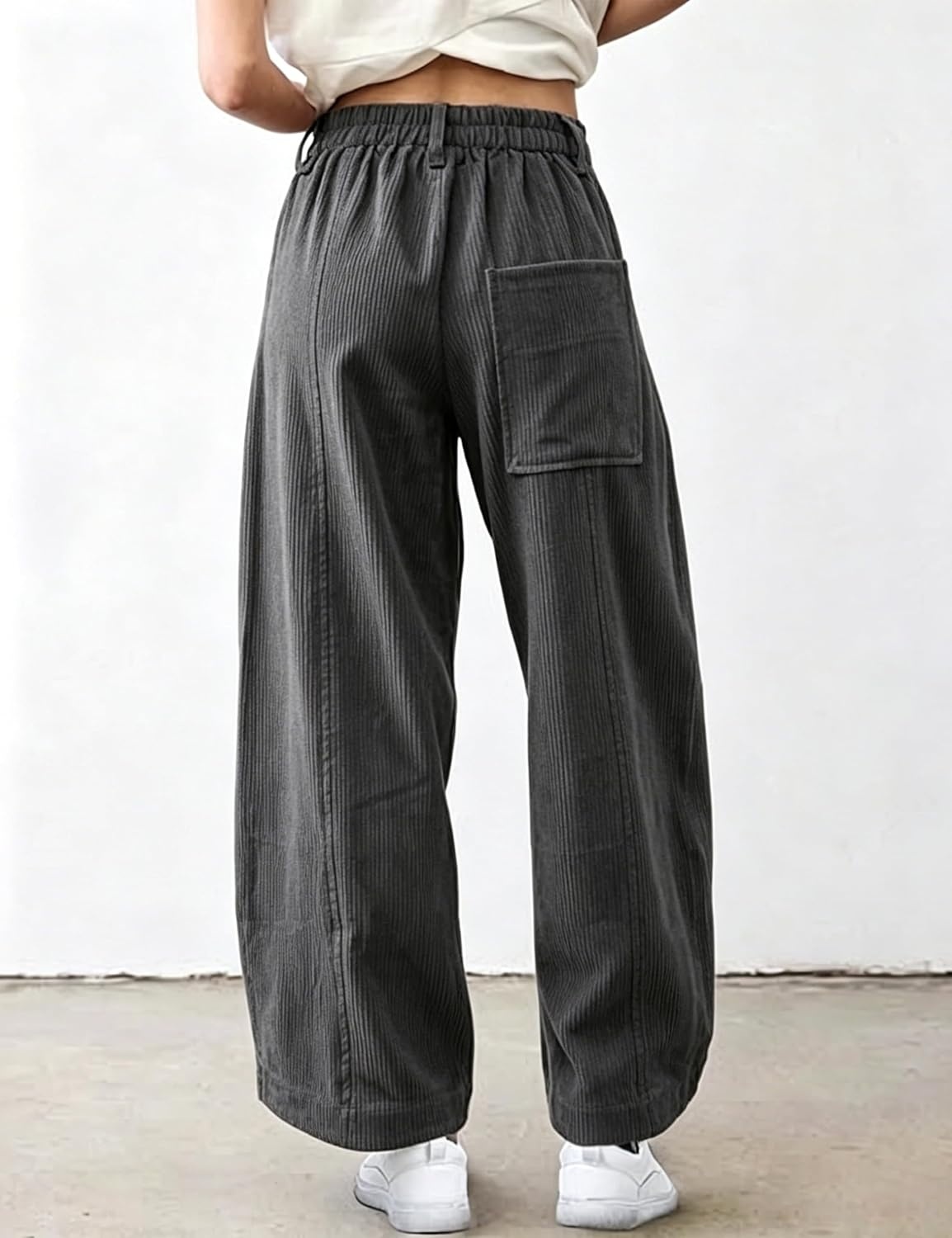 image:imageSpringrain Womens Corduroy Barrel Pants High Waist Wide Leg Front Button Elastic Back Waist Side Pockets Rear Patch Pocket Soft Ribbed Texture for Warmth Great for Fall Daily WearDarkgrey