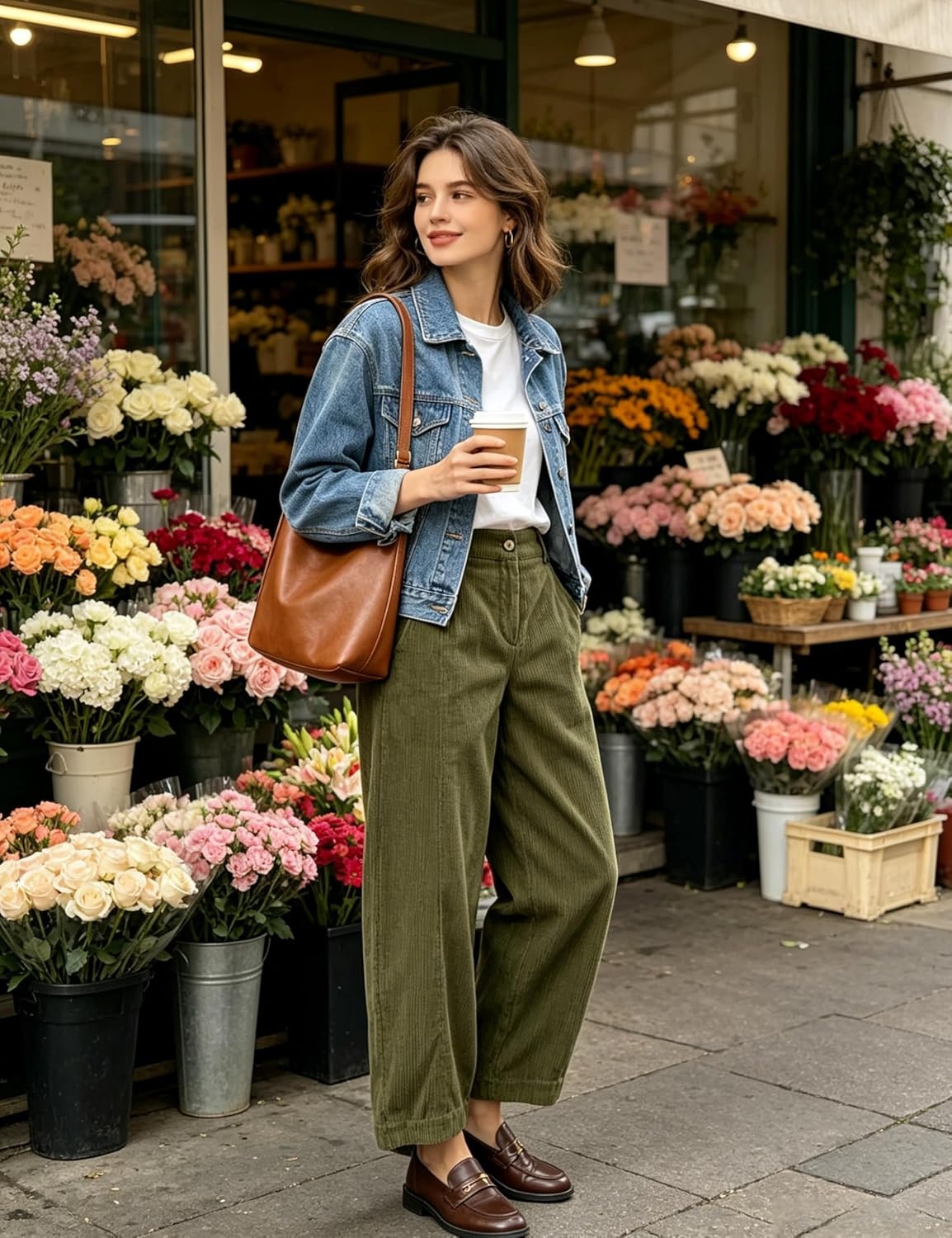 image:imageSpringrain Womens Corduroy Barrel Pants High Waist Wide Leg Front Button Elastic Back Waist Side Pockets Rear Patch Pocket Soft Ribbed Texture for Warmth Great for Fall Daily WearGreen