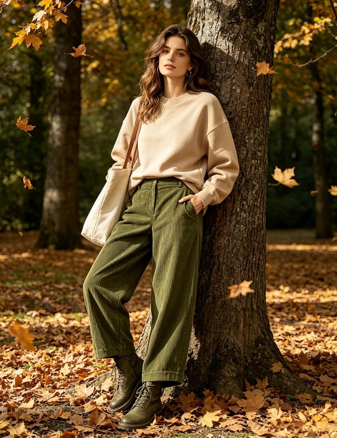 image:imageSpringrain Womens Corduroy Barrel Pants High Waist Wide Leg Front Button Elastic Back Waist Side Pockets Rear Patch Pocket Soft Ribbed Texture for Warmth Great for Fall Daily WearGreen