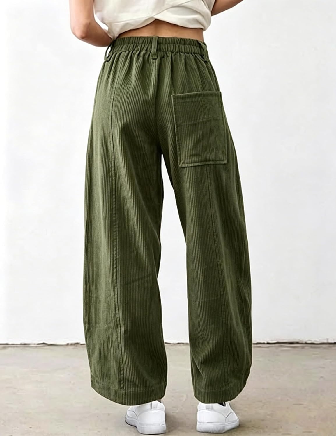image:imageSpringrain Womens Corduroy Barrel Pants High Waist Wide Leg Front Button Elastic Back Waist Side Pockets Rear Patch Pocket Soft Ribbed Texture for Warmth Great for Fall Daily WearGreen