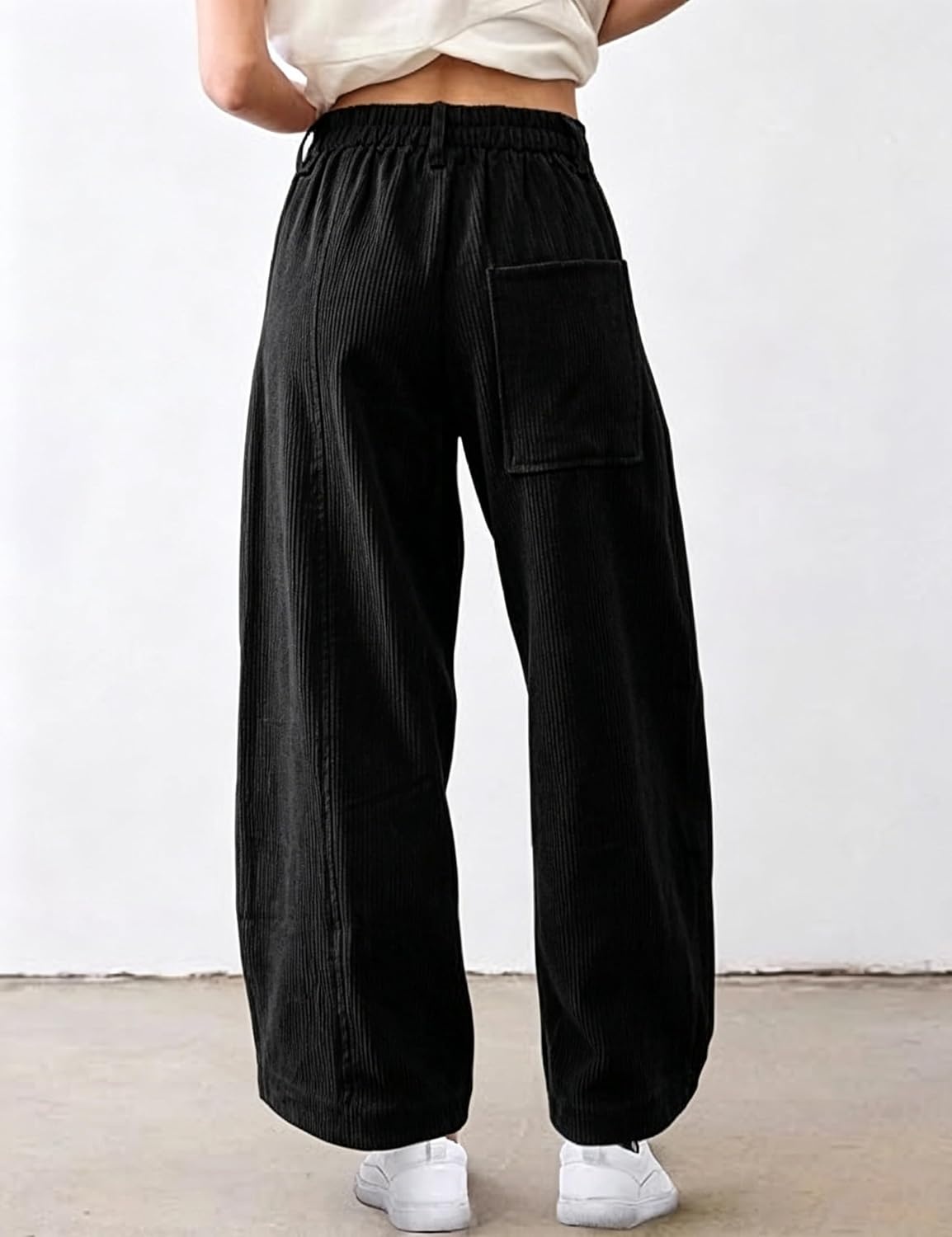 image:imageSpringrain Womens Corduroy Barrel Pants High Waist Wide Leg Front Button Elastic Back Waist Side Pockets Rear Patch Pocket Soft Ribbed Texture for Warmth Great for Fall Daily WearBlack