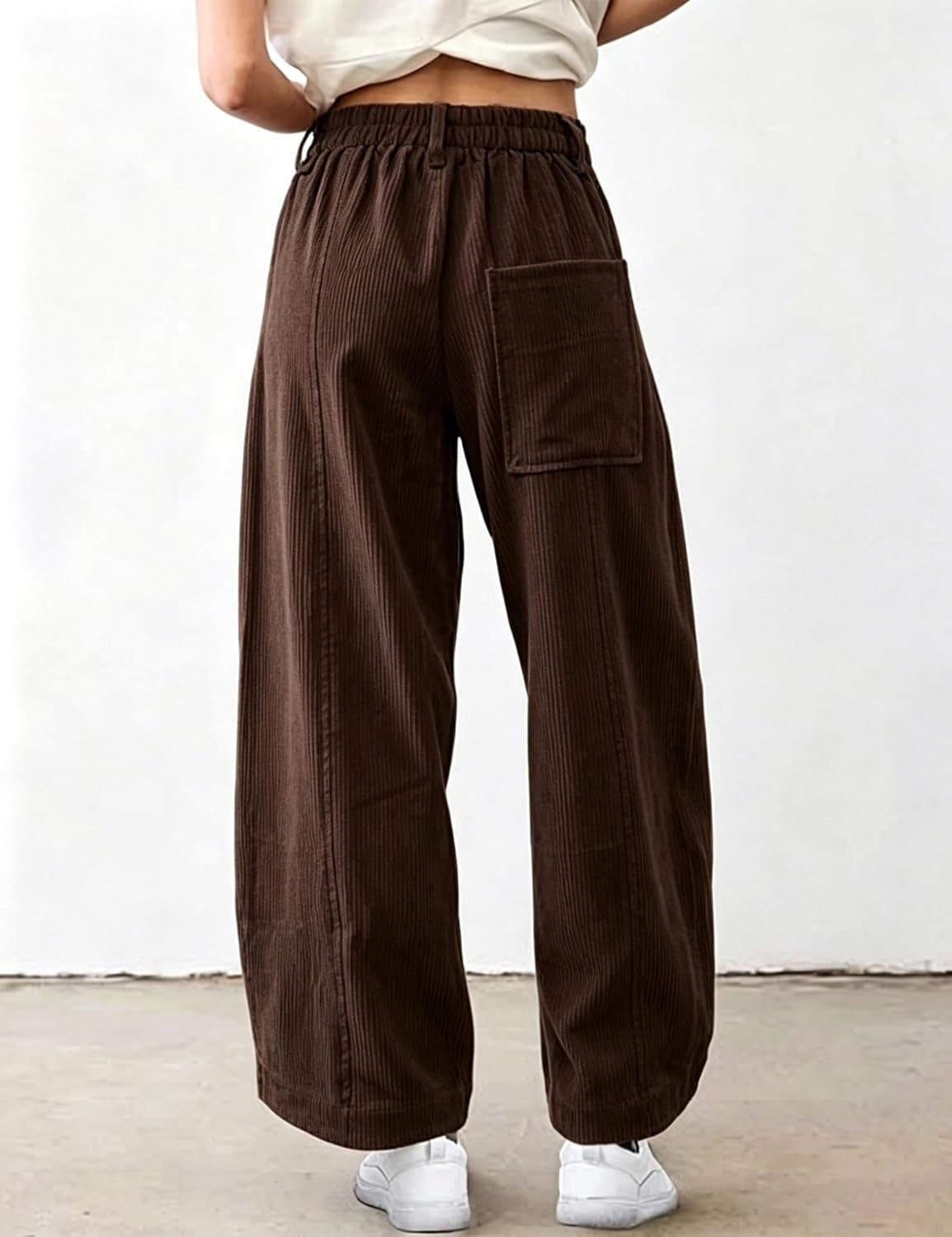 image:imageSpringrain Womens Corduroy Barrel Pants High Waist Wide Leg Front Button Elastic Back Waist Side Pockets Rear Patch Pocket Soft Ribbed Texture for Warmth Great for Fall Daily WearCoffee