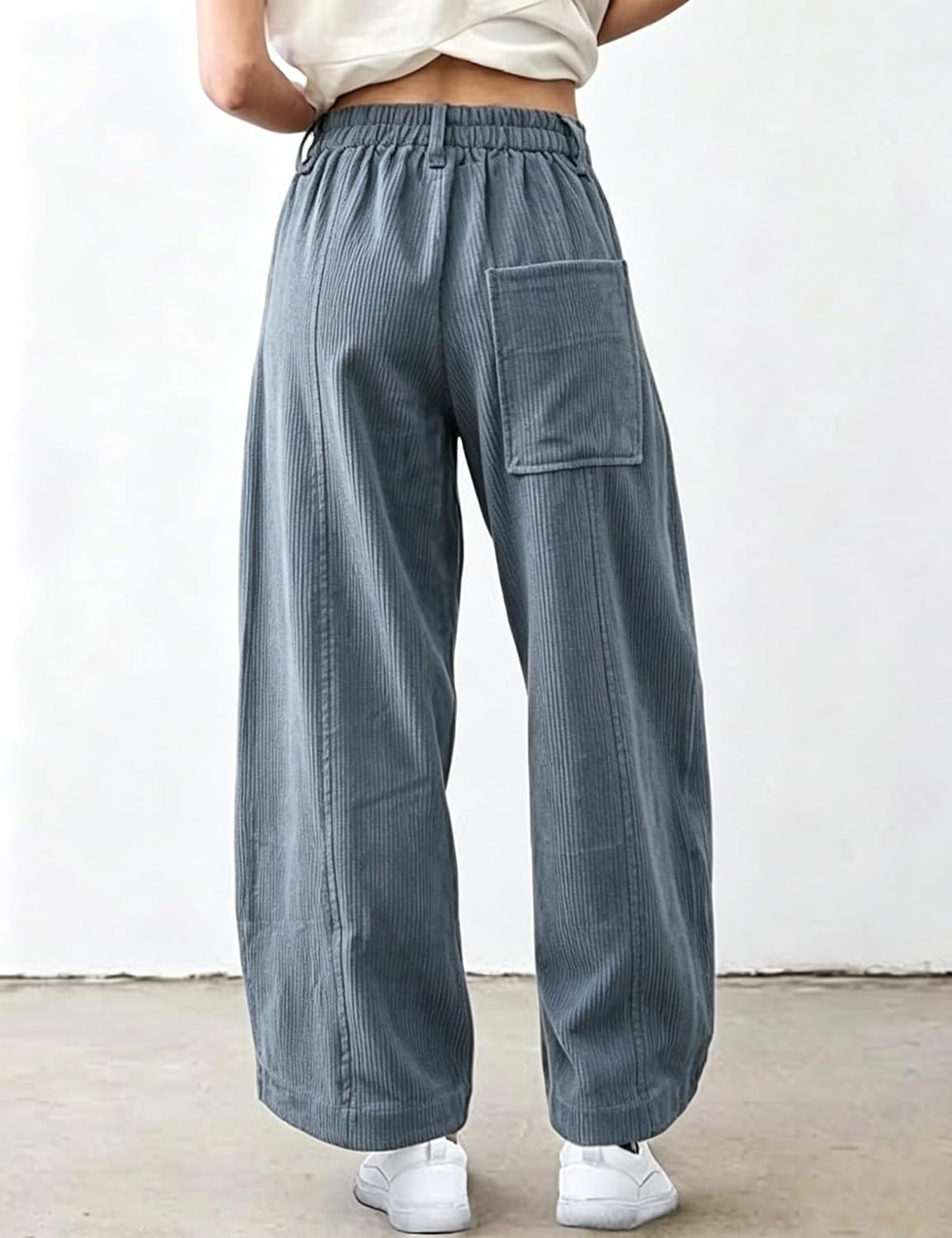 image:imageSpringrain Womens Corduroy Barrel Pants High Waist Wide Leg Front Button Elastic Back Waist Side Pockets Rear Patch Pocket Soft Ribbed Texture for Warmth Great for Fall Daily WearBluegrey