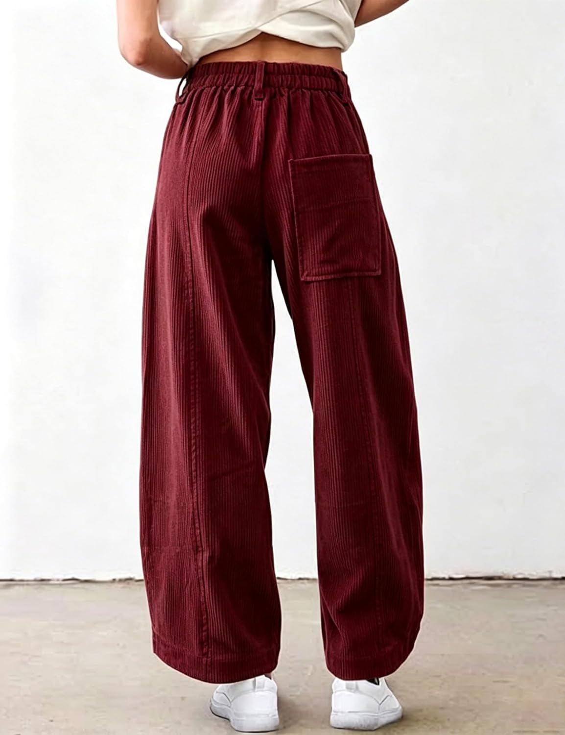 image:imageSpringrain Womens Corduroy Barrel Pants High Waist Wide Leg Front Button Elastic Back Waist Side Pockets Rear Patch Pocket Soft Ribbed Texture for Warmth Great for Fall Daily WearWinered