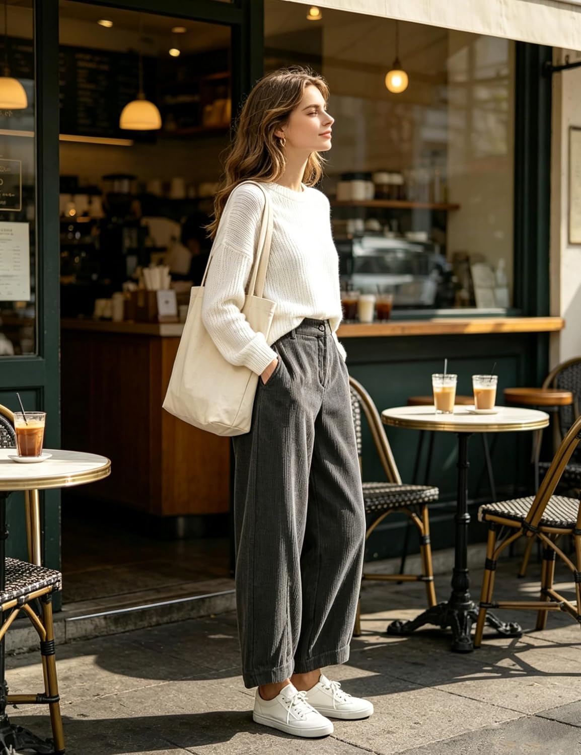 image:imageSpringrain Womens Corduroy Barrel Pants High Waist Wide Leg Front Button Elastic Back Waist Side Pockets Rear Patch Pocket Soft Ribbed Texture for Warmth Great for Fall Daily WearDarkgrey