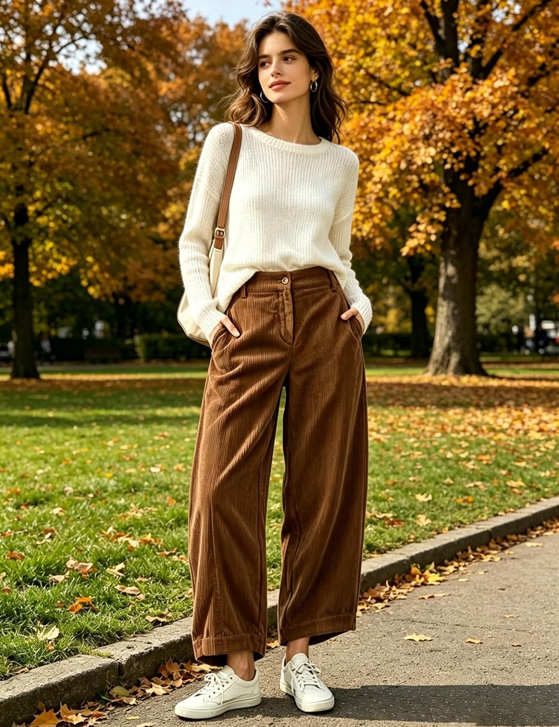image:imageSpringrain Womens Corduroy Barrel Pants High Waist Wide Leg Front Button Elastic Back Waist Side Pockets Rear Patch Pocket Soft Ribbed Texture for Warmth Great for Fall Daily WearBrown