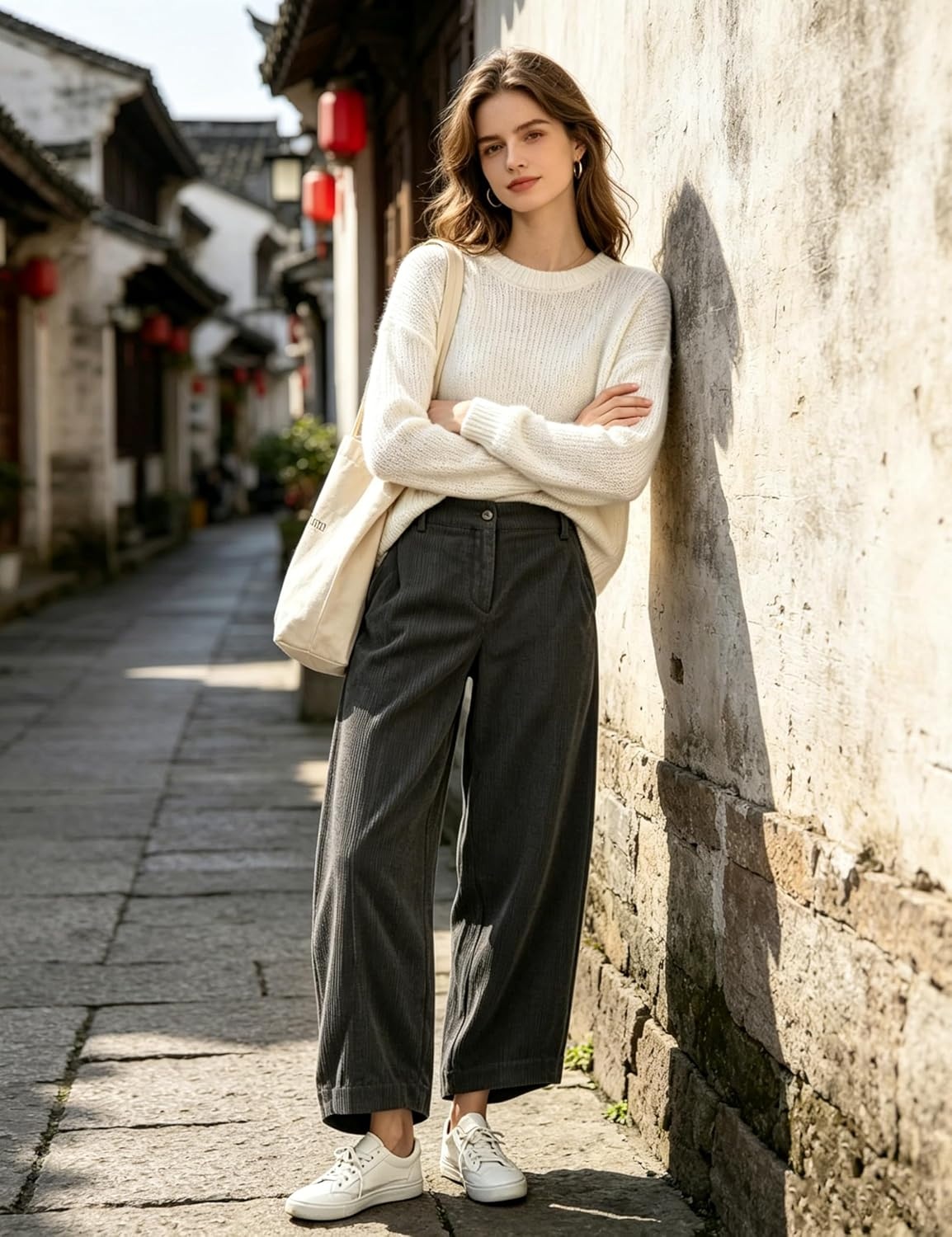 image:imageSpringrain Womens Corduroy Barrel Pants High Waist Wide Leg Front Button Elastic Back Waist Side Pockets Rear Patch Pocket Soft Ribbed Texture for Warmth Great for Fall Daily WearDarkgrey