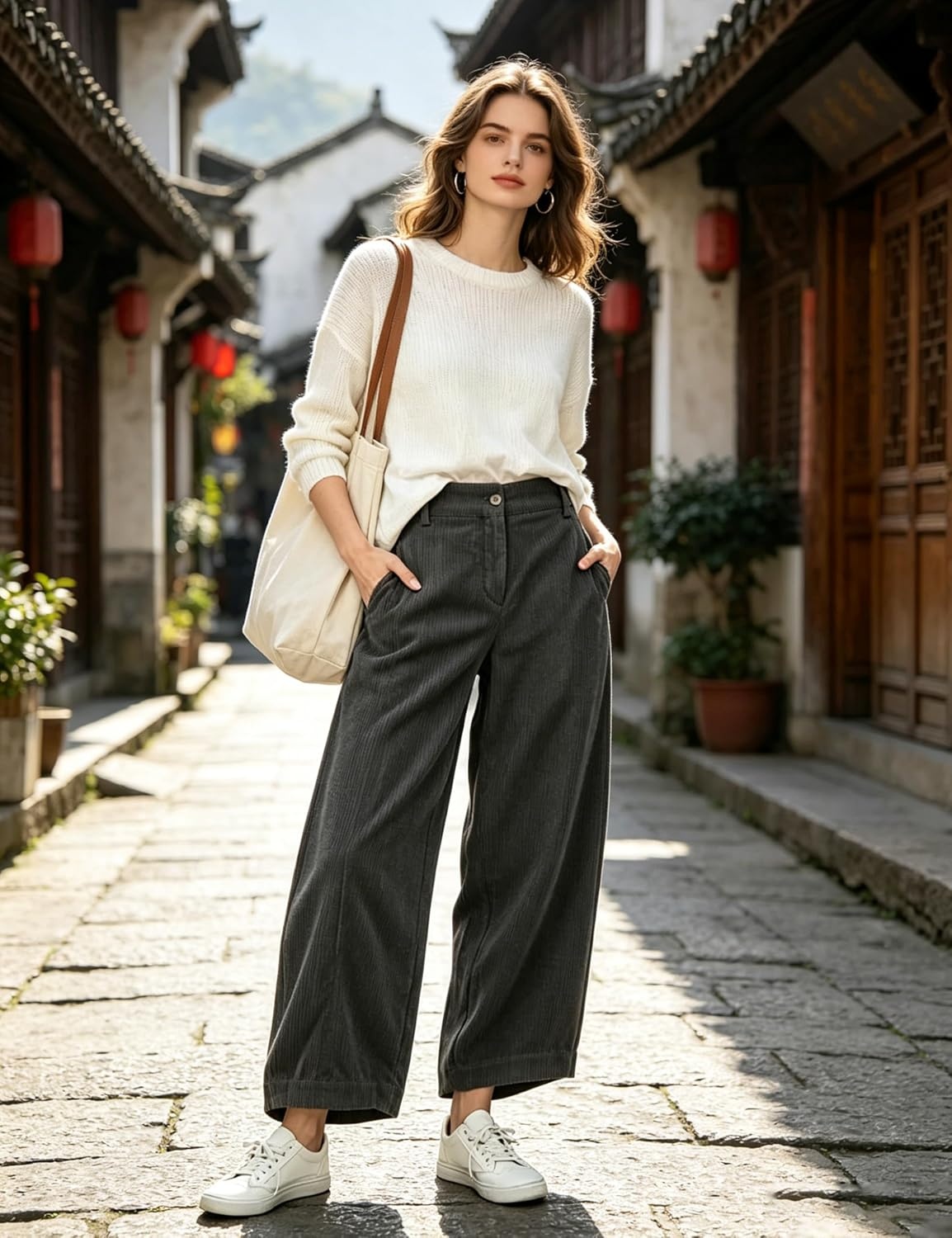 image:imageSpringrain Womens Corduroy Barrel Pants High Waist Wide Leg Front Button Elastic Back Waist Side Pockets Rear Patch Pocket Soft Ribbed Texture for Warmth Great for Fall Daily WearDarkgrey