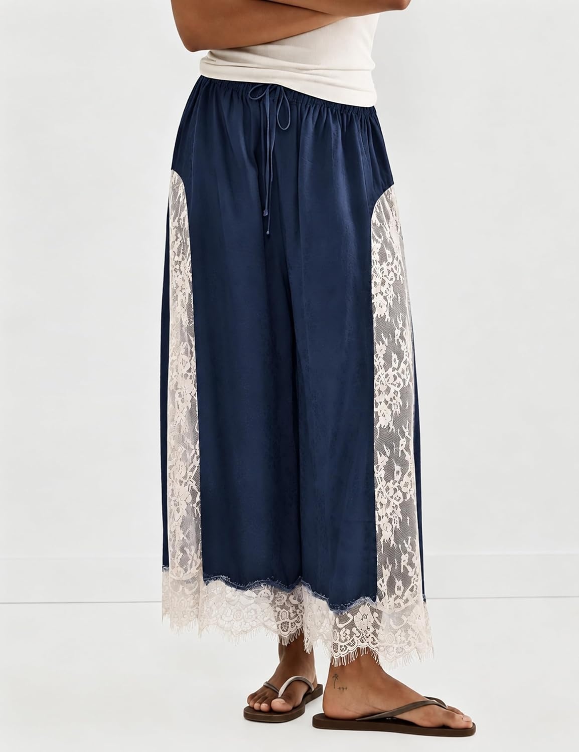 image:imageSpringrain Womens Flowy Lace Trim Wide Leg Pants Boho Fall Pants Elastic Drawstring Waist Lace Panel Layered Design Lightweight Flowy Soft Fabric Versatile for Daily and Vacation WearNavy