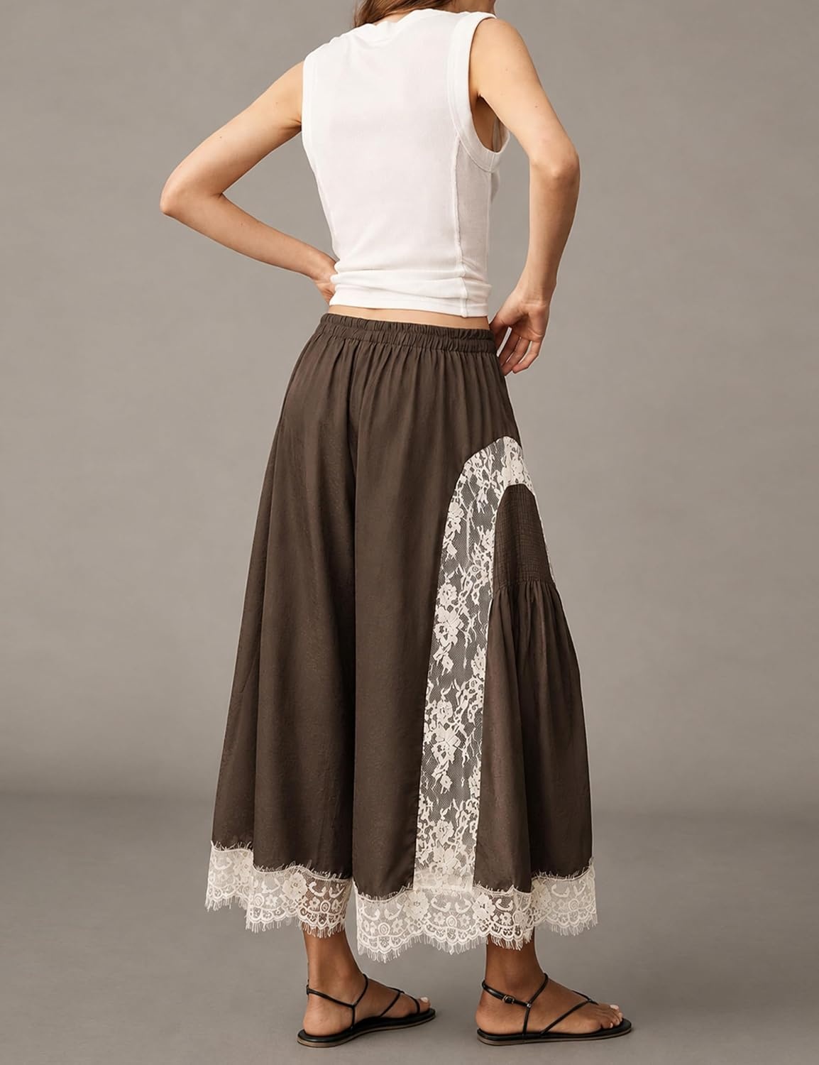 image:imageSpringrain Womens Flowy Lace Trim Wide Leg Pants Boho Fall Pants Elastic Drawstring Waist Lace Panel Layered Design Lightweight Flowy Soft Fabric Versatile for Daily and Vacation WearBrown