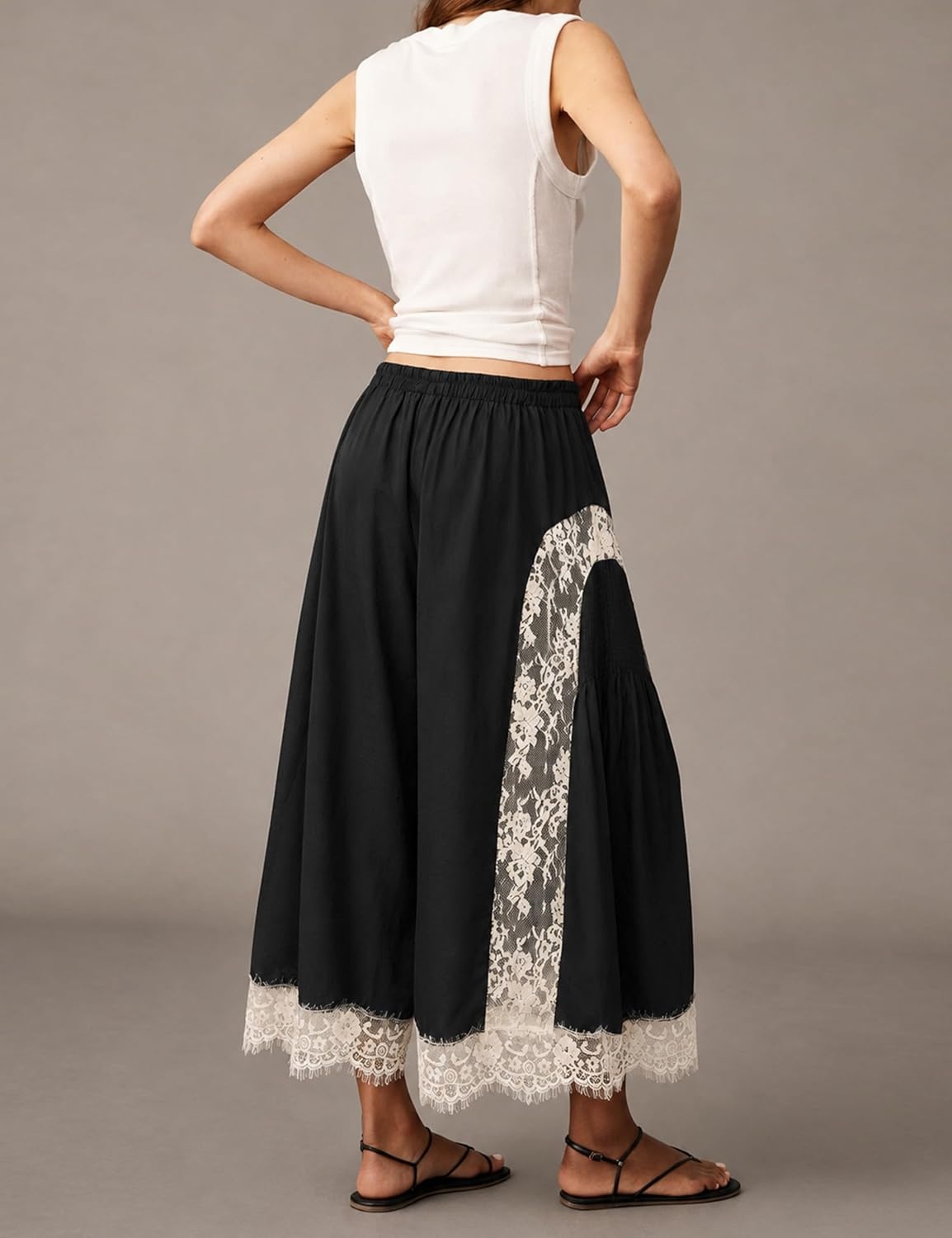 image:imageSpringrain Womens Flowy Lace Trim Wide Leg Pants Boho Fall Pants Elastic Drawstring Waist Lace Panel Layered Design Lightweight Flowy Soft Fabric Versatile for Daily and Vacation WearBlack
