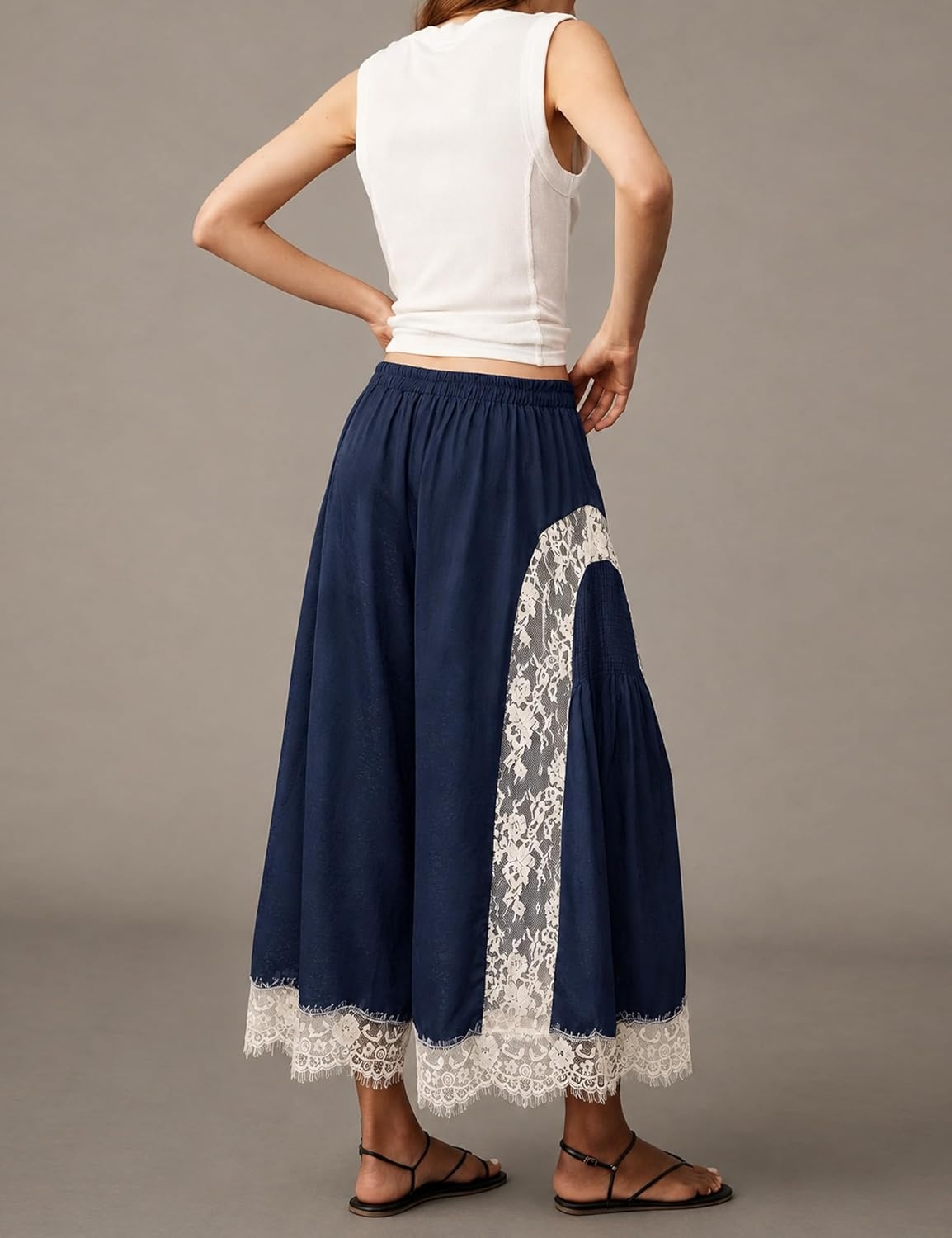 image:imageSpringrain Womens Flowy Lace Trim Wide Leg Pants Boho Fall Pants Elastic Drawstring Waist Lace Panel Layered Design Lightweight Flowy Soft Fabric Versatile for Daily and Vacation WearNavy