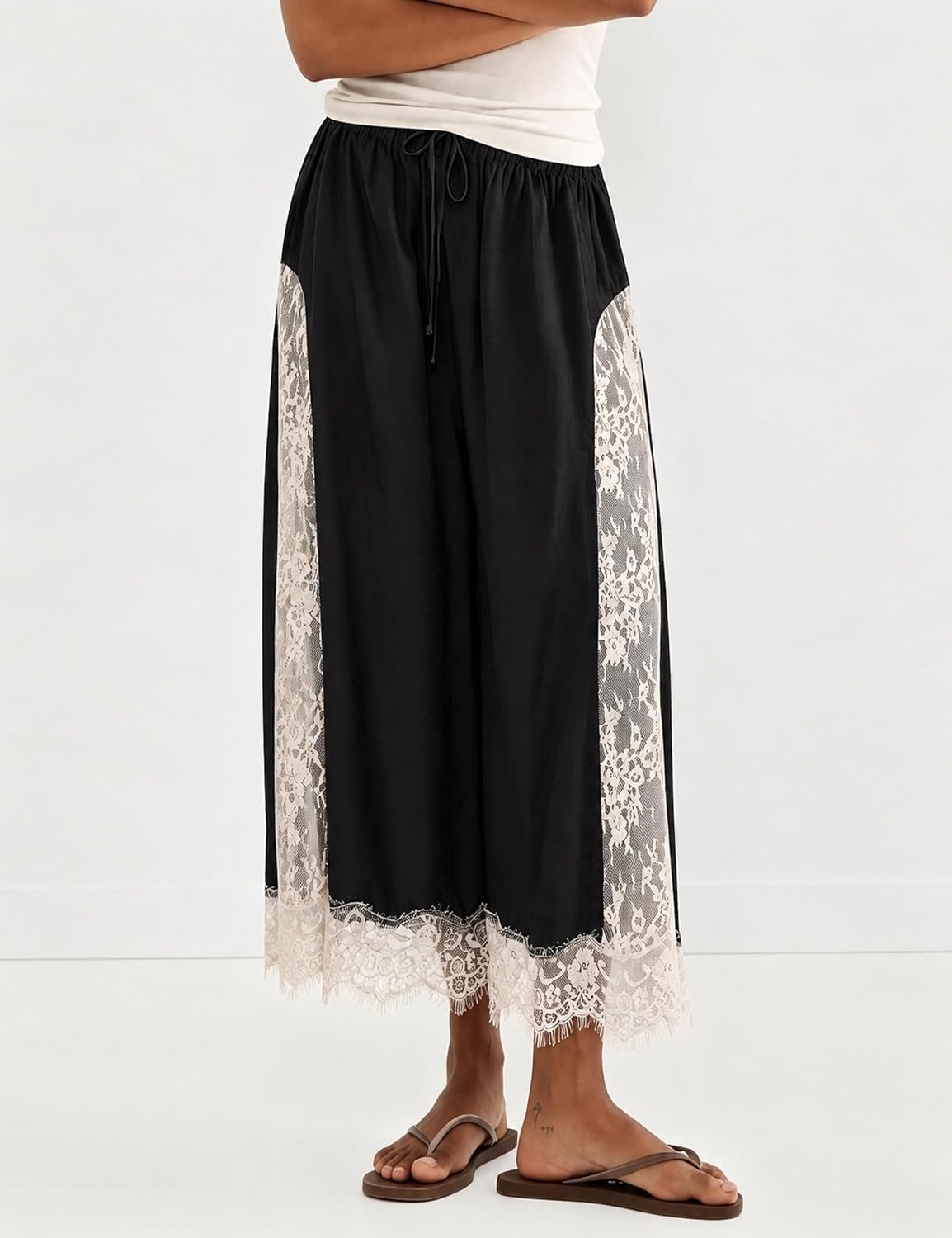 image:imageSpringrain Womens Flowy Lace Trim Wide Leg Pants Boho Fall Pants Elastic Drawstring Waist Lace Panel Layered Design Lightweight Flowy Soft Fabric Versatile for Daily and Vacation WearBlack