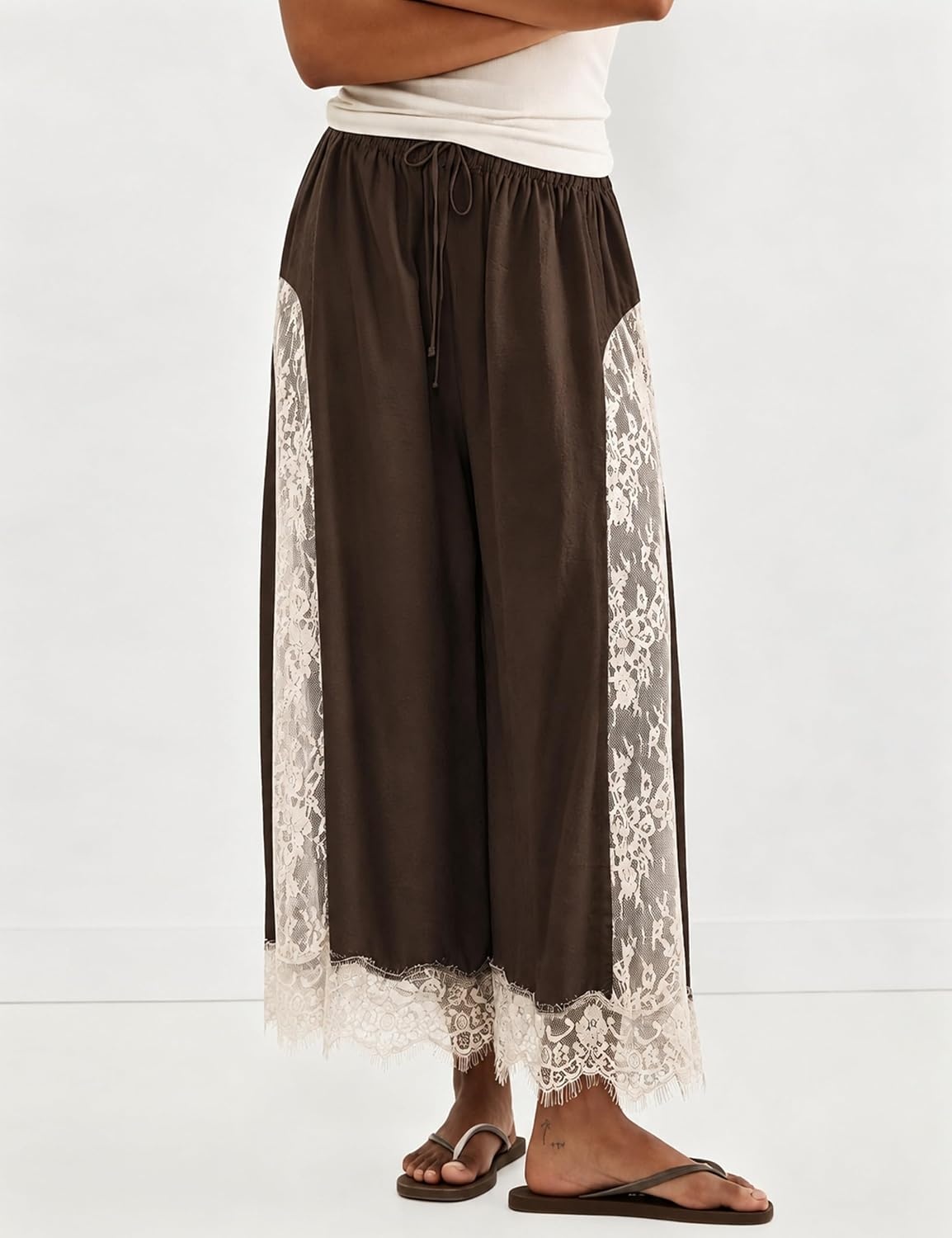image:imageSpringrain Womens Flowy Lace Trim Wide Leg Pants Boho Fall Pants Elastic Drawstring Waist Lace Panel Layered Design Lightweight Flowy Soft Fabric Versatile for Daily and Vacation WearBrown