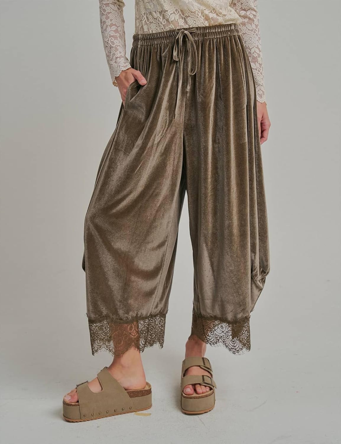image:imageSpringrain Womens Velvet Lace Hem Wide Leg Pants with Pockets Adjustable drawstring waist soft wrinklefree velour fabric transitional season wear cropped ankle length fitTaupe