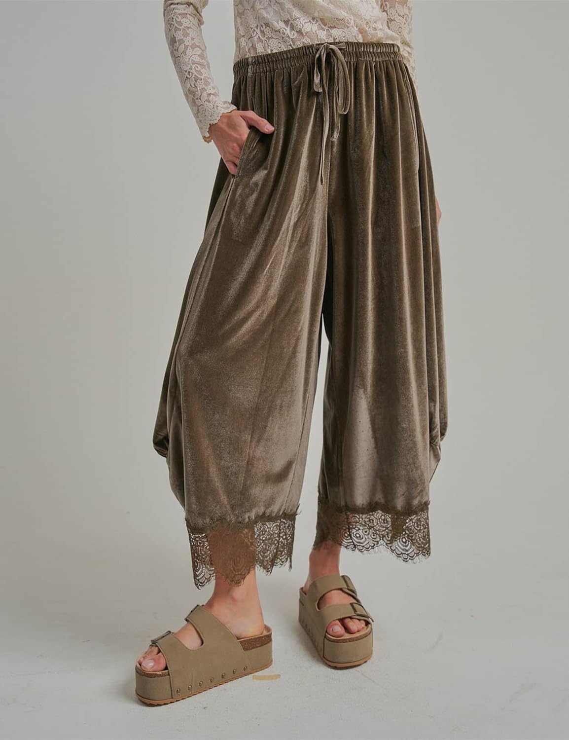 image:imageSpringrain Womens Velvet Lace Hem Wide Leg Pants with Pockets Adjustable drawstring waist soft wrinklefree velour fabric transitional season wear cropped ankle length fitTaupe