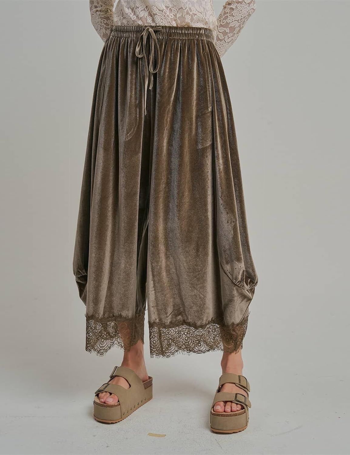 image:imageSpringrain Womens Velvet Lace Hem Wide Leg Pants with Pockets Adjustable drawstring waist soft wrinklefree velour fabric transitional season wear cropped ankle length fitTaupe