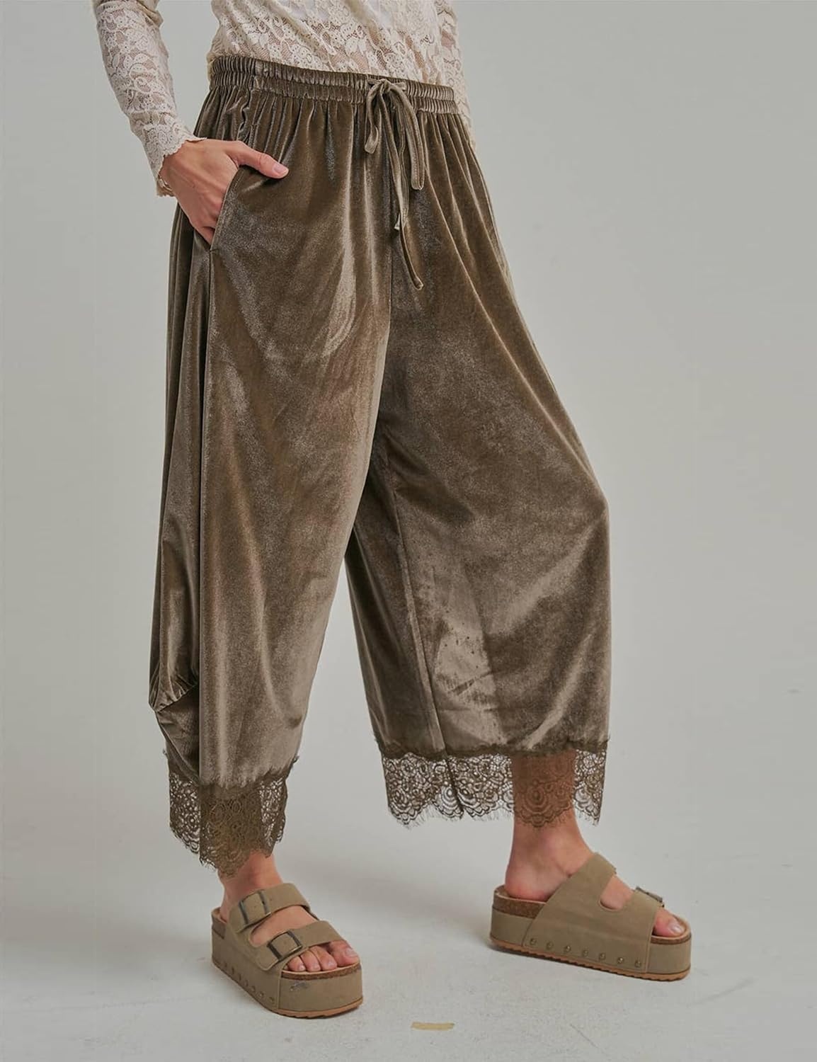 image:imageSpringrain Womens Velvet Lace Hem Wide Leg Pants with Pockets Adjustable drawstring waist soft wrinklefree velour fabric transitional season wear cropped ankle length fitTaupe