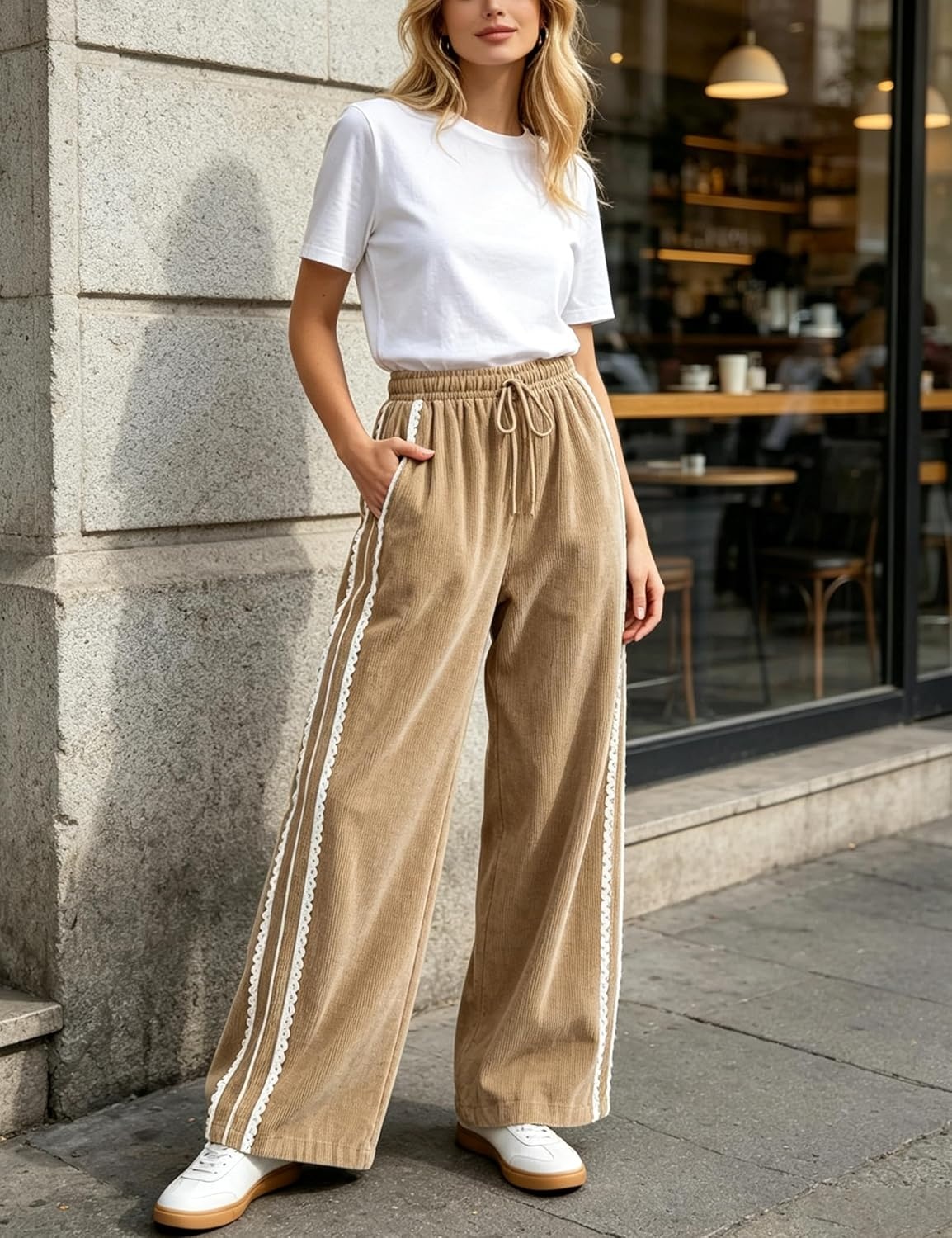 image:imageSpringrain Womens Wide Leg Corduroy Drawstring Side Stripe Pants Scalloped lace trim accent Functional Side Pockets Wrinkle Fade Resistant Silky Draping TextureKhaki