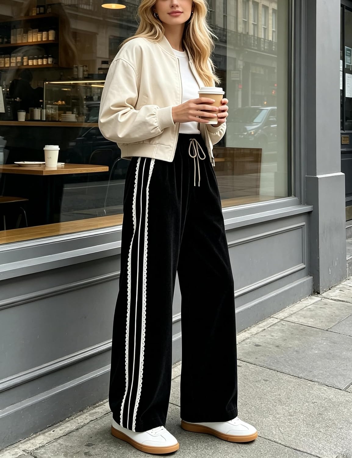 image:imageSpringrain Womens Wide Leg Corduroy Drawstring Side Stripe Pants Scalloped lace trim accent Functional Side Pockets Wrinkle Fade Resistant Silky Draping TextureBlack