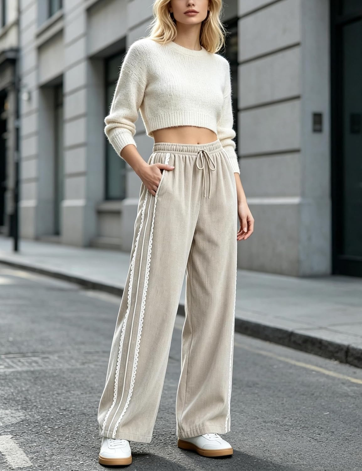 image:imageSpringrain Womens Wide Leg Corduroy Drawstring Side Stripe Pants Scalloped lace trim accent Functional Side Pockets Wrinkle Fade Resistant Silky Draping TextureBeige