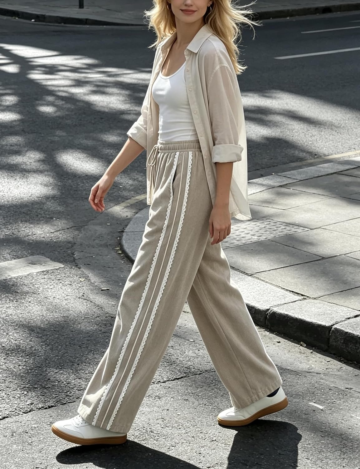 image:imageSpringrain Womens Wide Leg Corduroy Drawstring Side Stripe Pants Scalloped lace trim accent Functional Side Pockets Wrinkle Fade Resistant Silky Draping TextureBeige