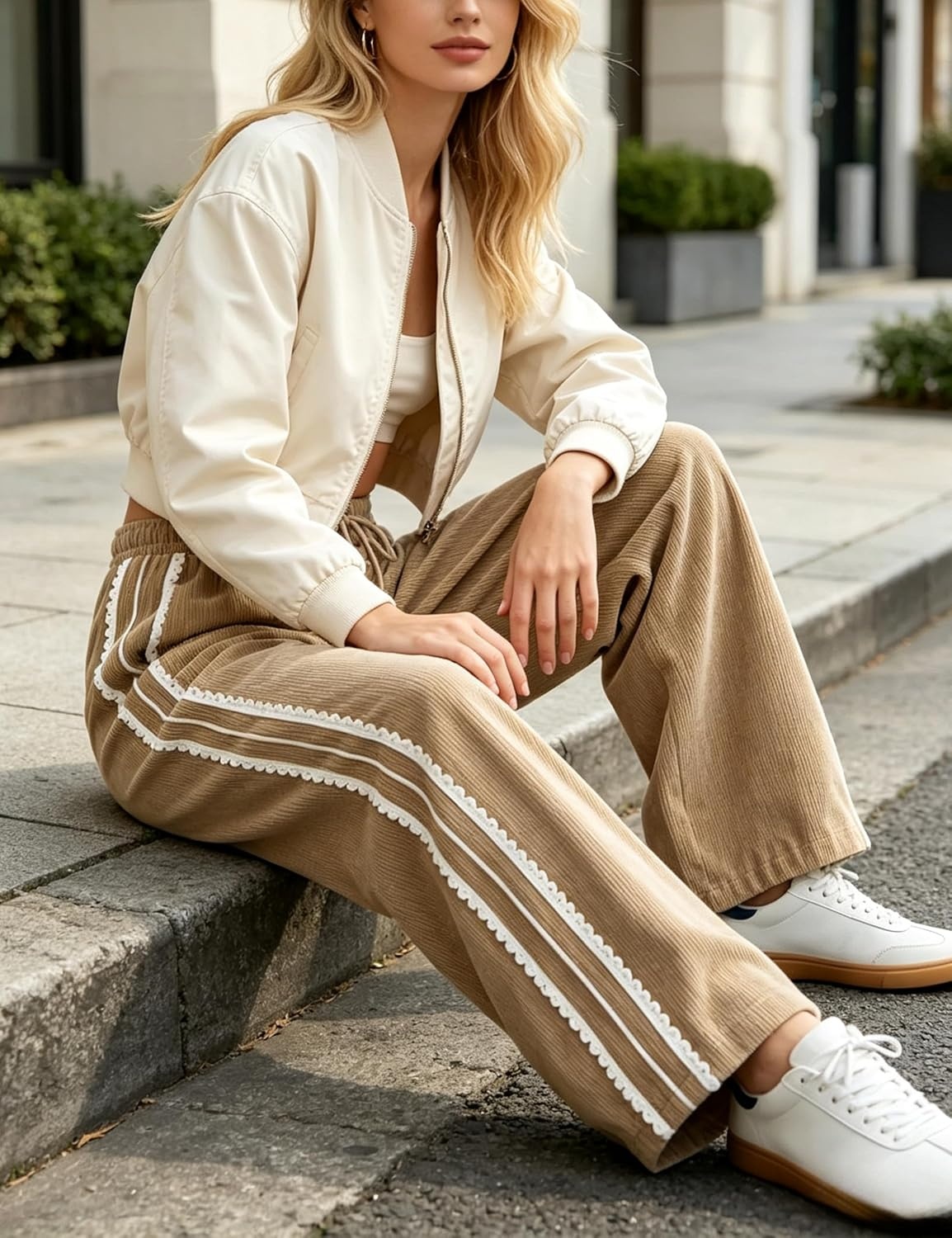 image:imageSpringrain Womens Wide Leg Corduroy Drawstring Side Stripe Pants Scalloped lace trim accent Functional Side Pockets Wrinkle Fade Resistant Silky Draping TextureKhaki