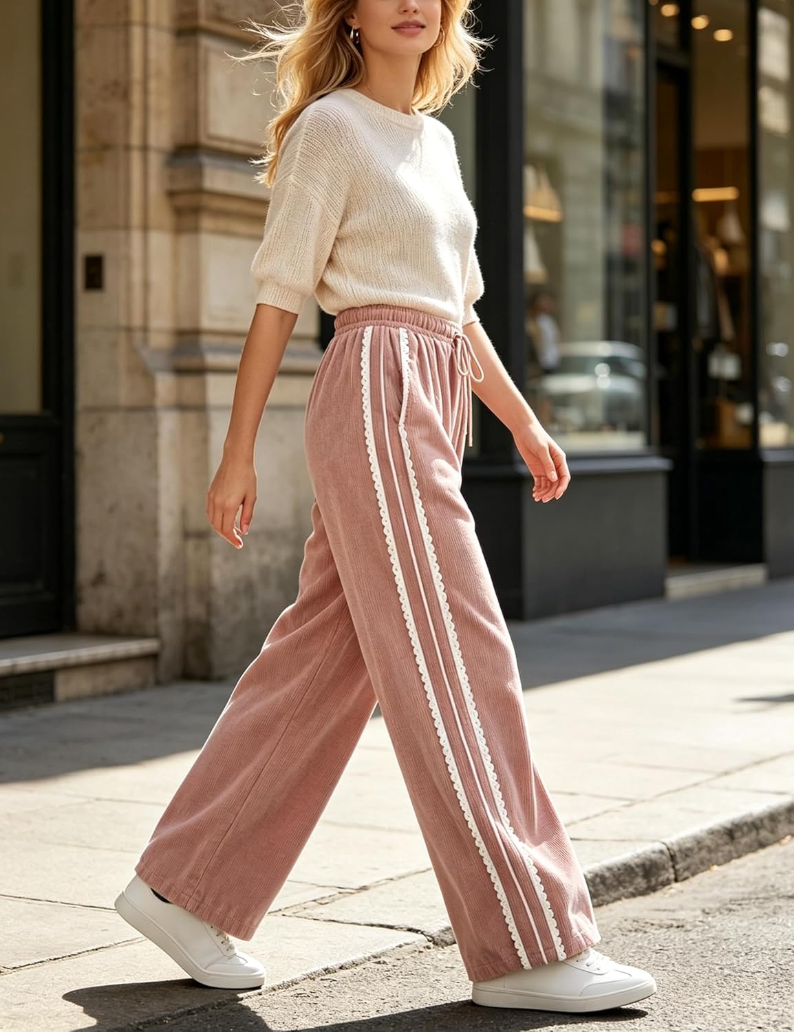 image:imageSpringrain Womens Wide Leg Corduroy Drawstring Side Stripe Pants Scalloped lace trim accent Functional Side Pockets Wrinkle Fade Resistant Silky Draping TexturePink