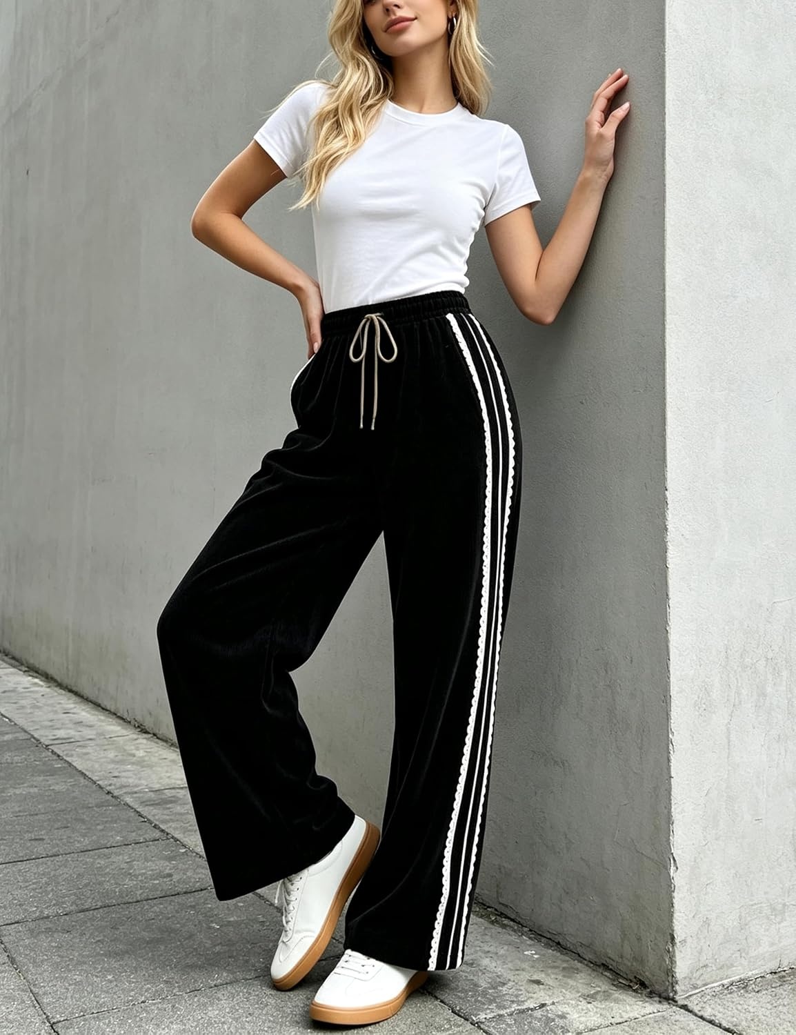 image:imageSpringrain Womens Wide Leg Corduroy Drawstring Side Stripe Pants Scalloped lace trim accent Functional Side Pockets Wrinkle Fade Resistant Silky Draping TextureBlack