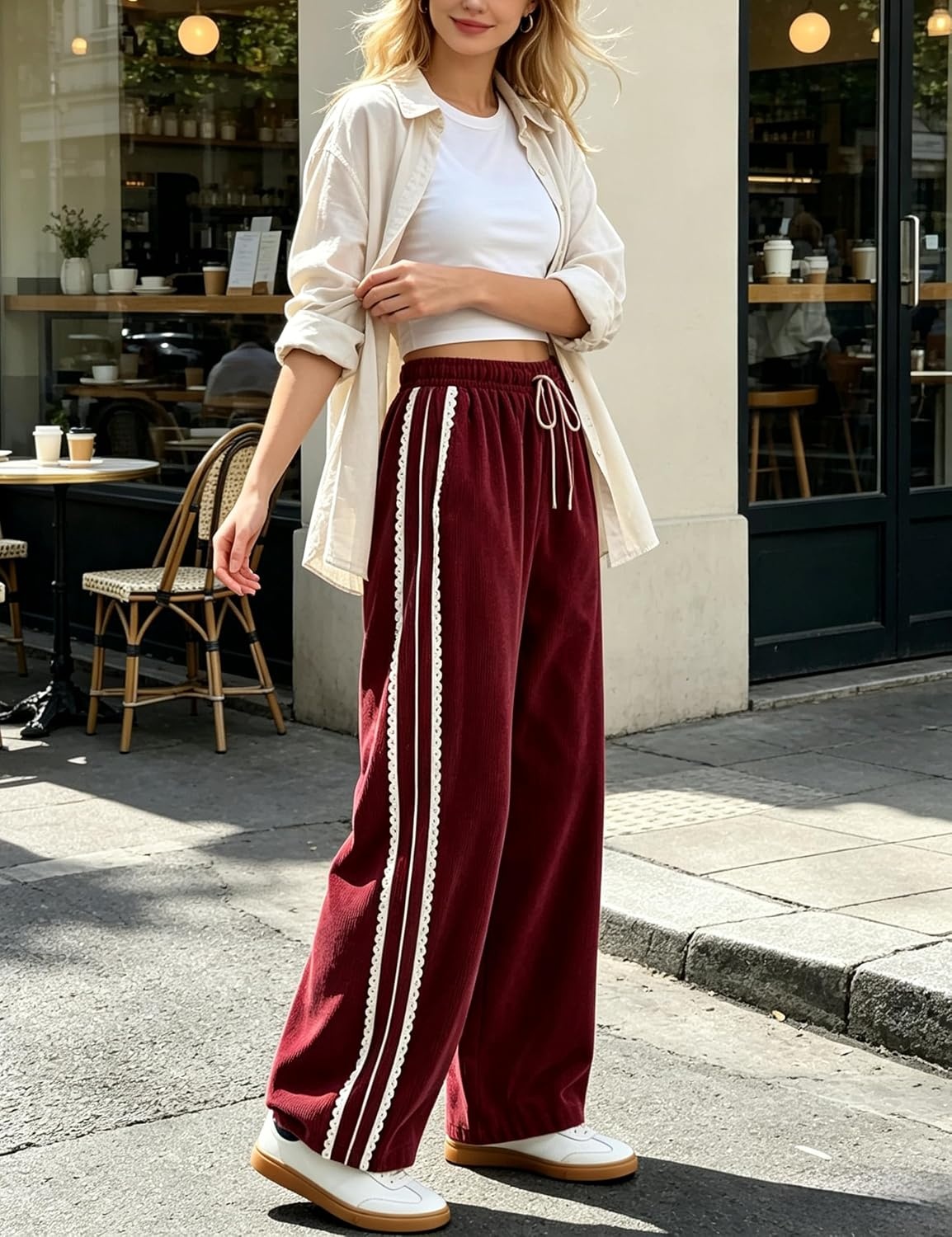 image:imageSpringrain Womens Wide Leg Corduroy Drawstring Side Stripe Pants Scalloped lace trim accent Functional Side Pockets Wrinkle Fade Resistant Silky Draping TextureRed