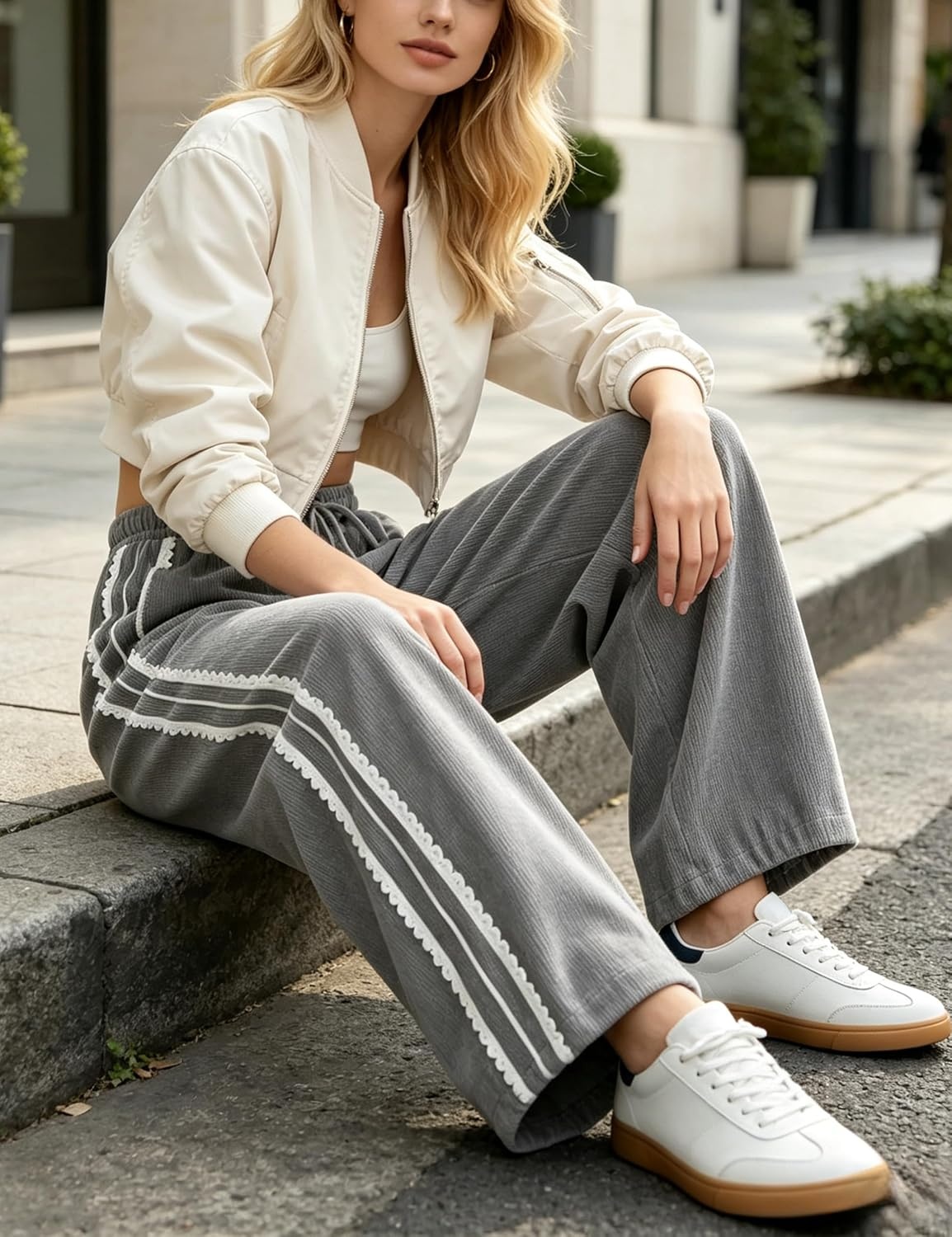image:imageSpringrain Womens Wide Leg Corduroy Drawstring Side Stripe Pants Scalloped lace trim accent Functional Side Pockets Wrinkle Fade Resistant Silky Draping TextureGray