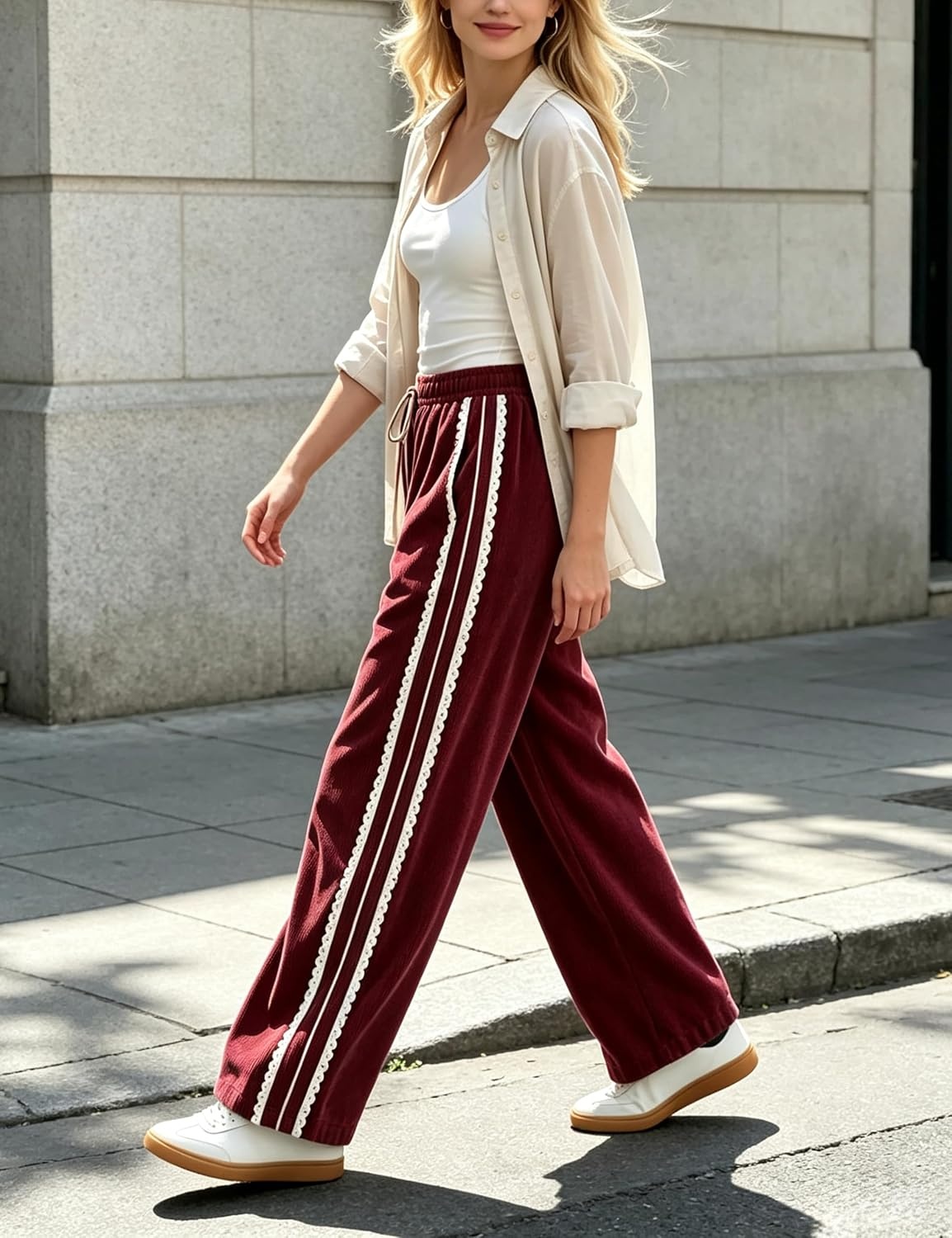 image:imageSpringrain Womens Wide Leg Corduroy Drawstring Side Stripe Pants Scalloped lace trim accent Functional Side Pockets Wrinkle Fade Resistant Silky Draping TextureRed