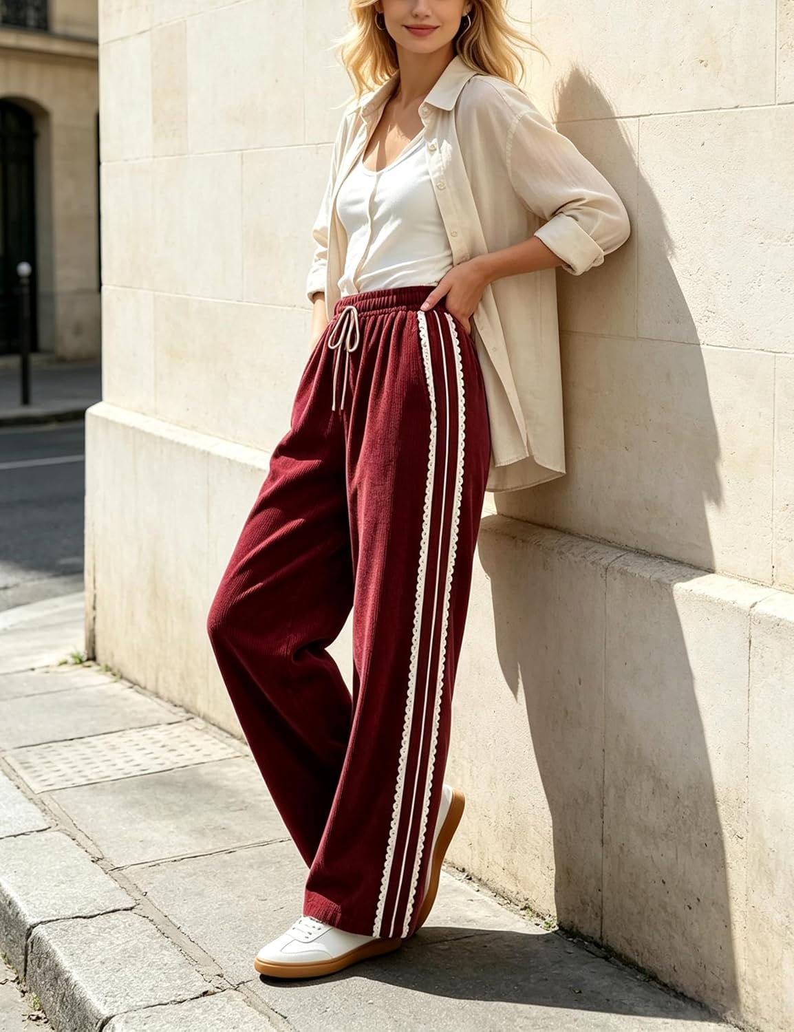 image:imageSpringrain Womens Wide Leg Corduroy Drawstring Side Stripe Pants Scalloped lace trim accent Functional Side Pockets Wrinkle Fade Resistant Silky Draping TextureRed