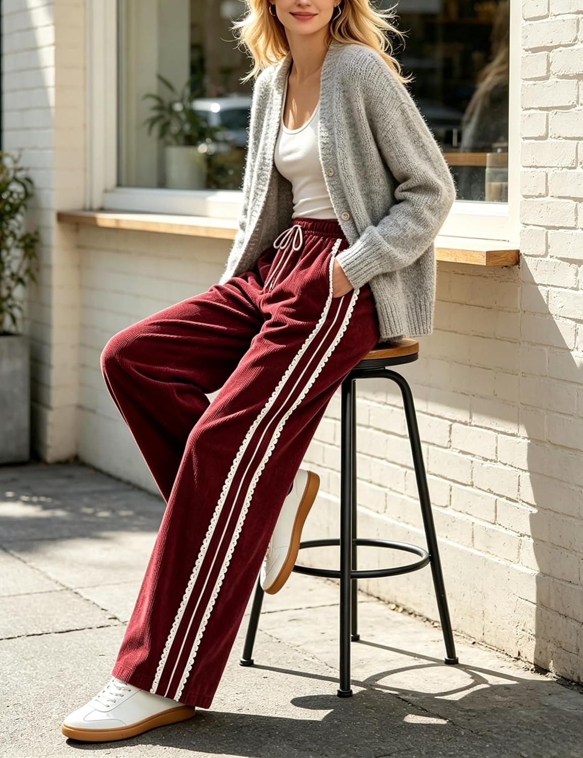 image:imageSpringrain Womens Wide Leg Corduroy Drawstring Side Stripe Pants Scalloped lace trim accent Functional Side Pockets Wrinkle Fade Resistant Silky Draping TextureRed