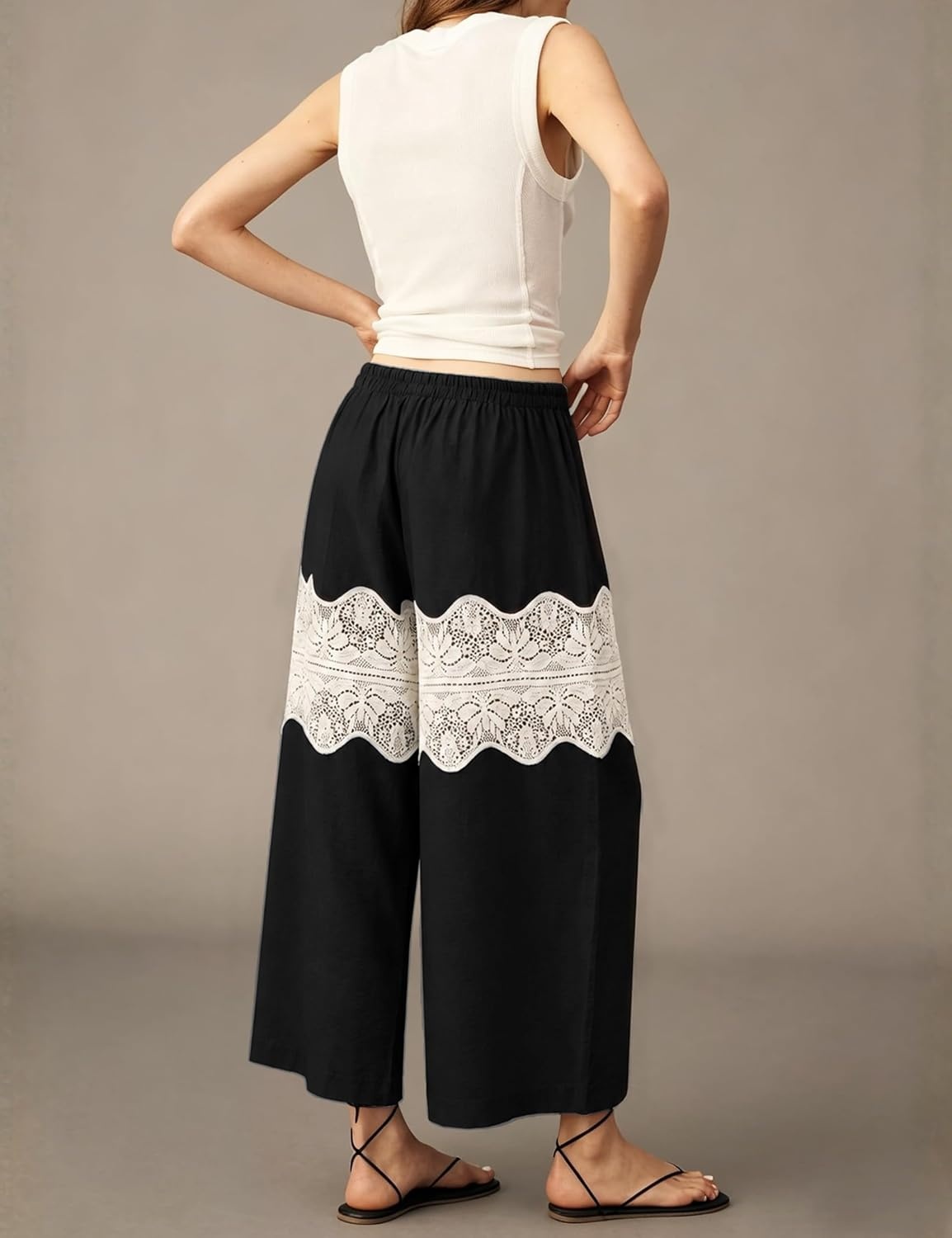 image:imageSpringrain Womens Wide Leg Lace Palazzo Pants Cotton Boho FallBlack