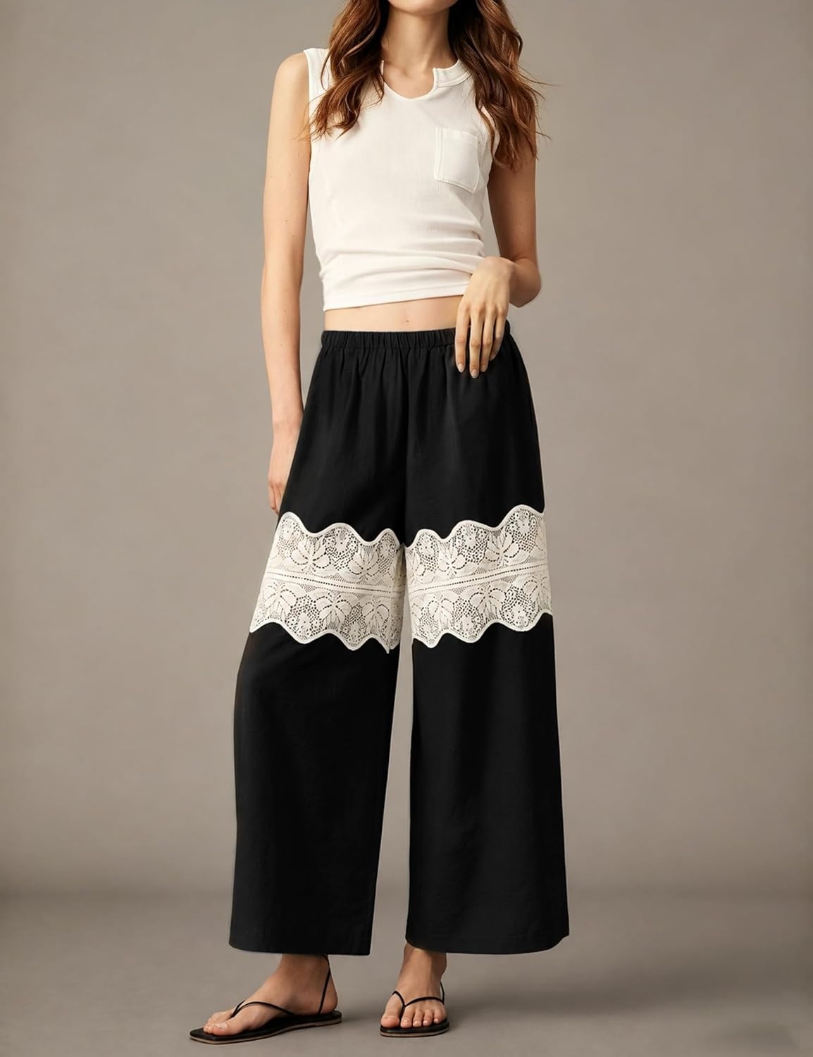 image:imageSpringrain Womens Wide Leg Lace Palazzo Pants Cotton Boho FallBlack