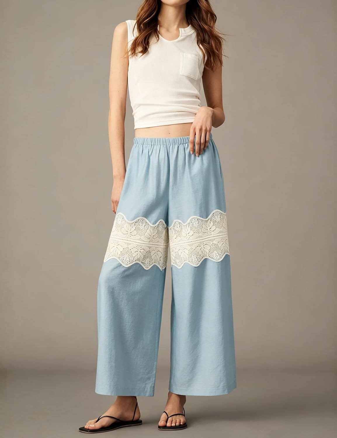 image:imageSpringrain Womens Wide Leg Lace Palazzo Pants Cotton Boho FallBlue