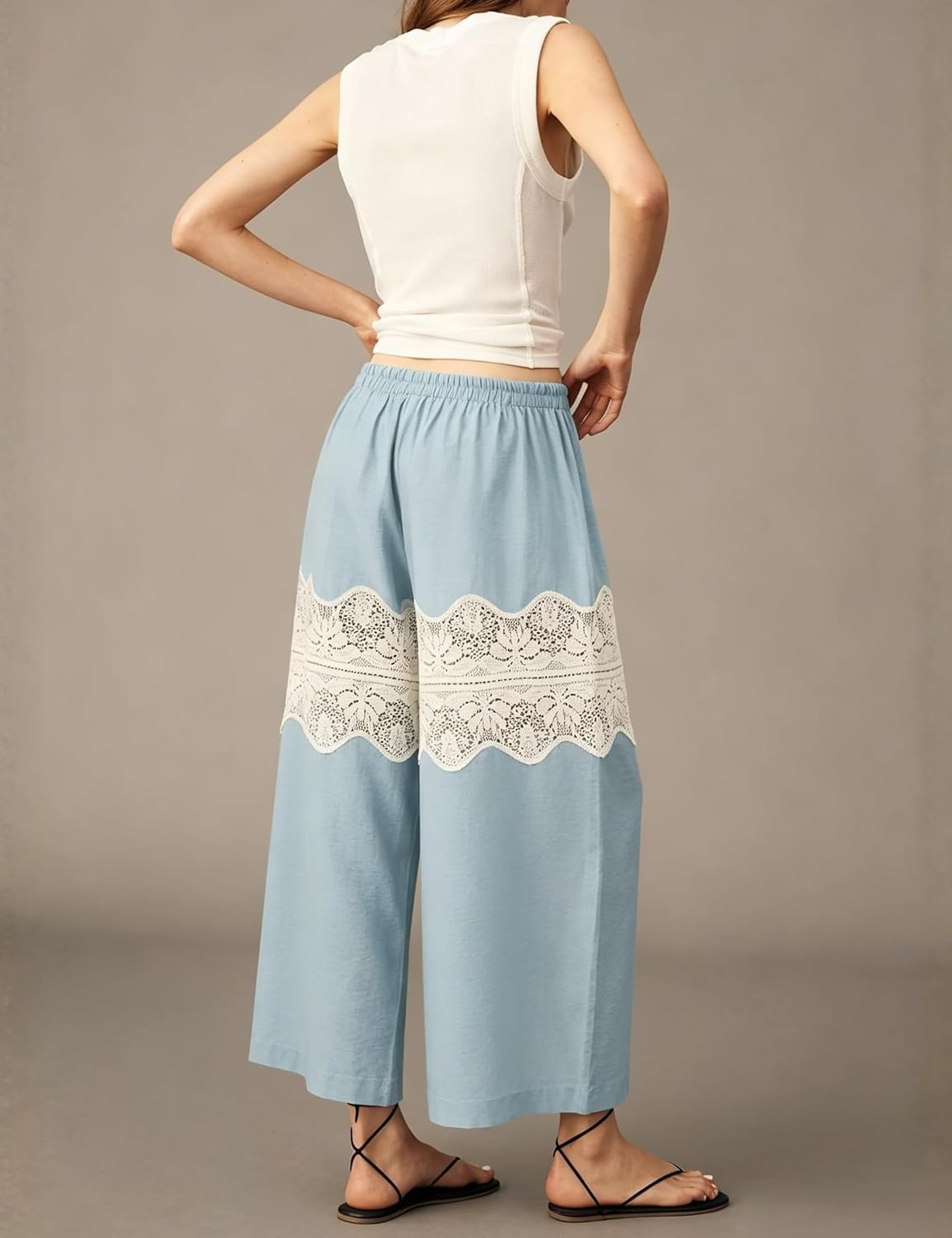 image:imageSpringrain Womens Wide Leg Lace Palazzo Pants Cotton Boho FallBlue
