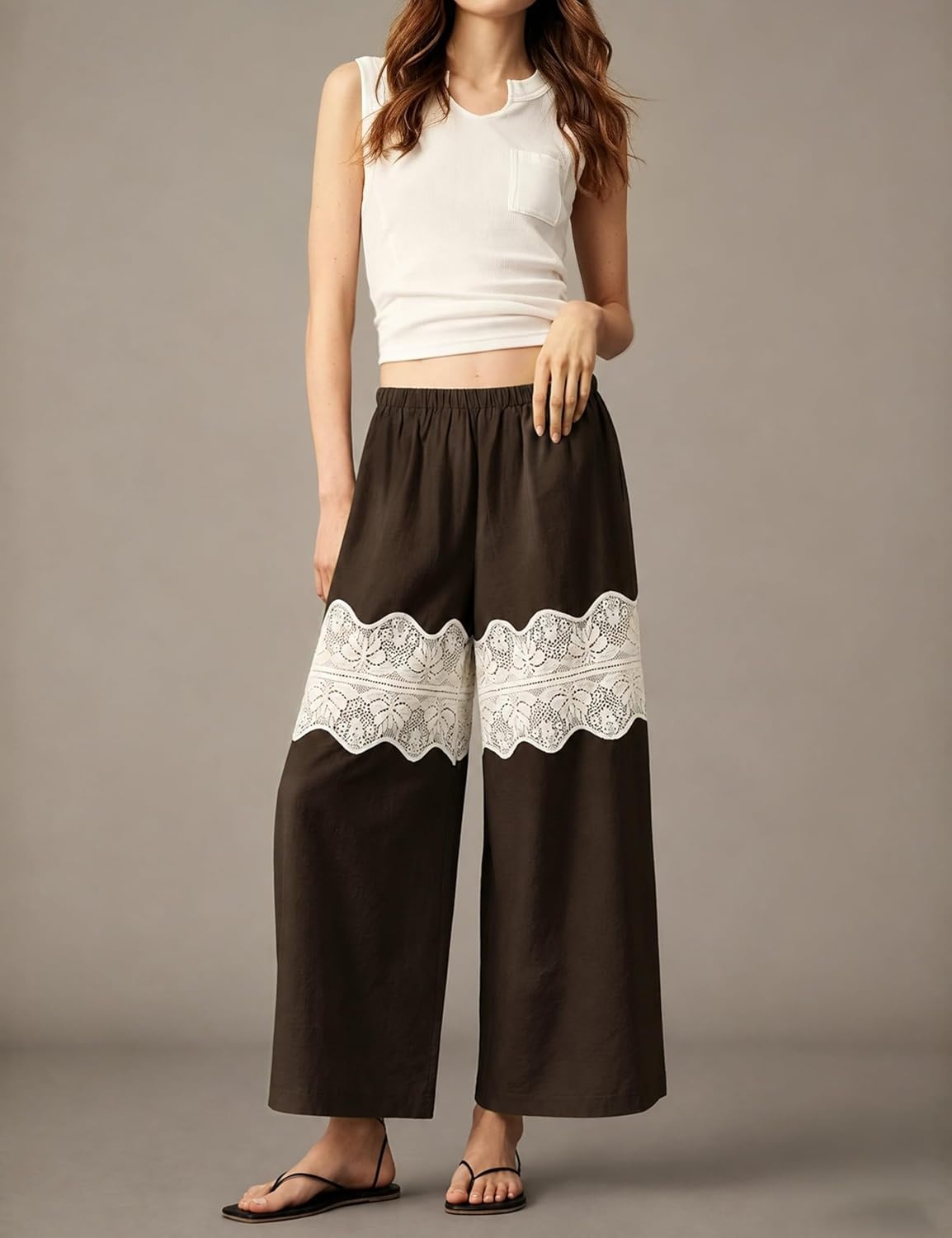 image:imageSpringrain Womens Wide Leg Lace Palazzo Pants Cotton Boho FallBrown