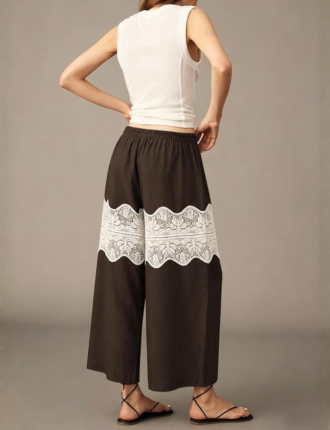 image:imageSpringrain Womens Wide Leg Lace Palazzo Pants Cotton Boho FallBrown