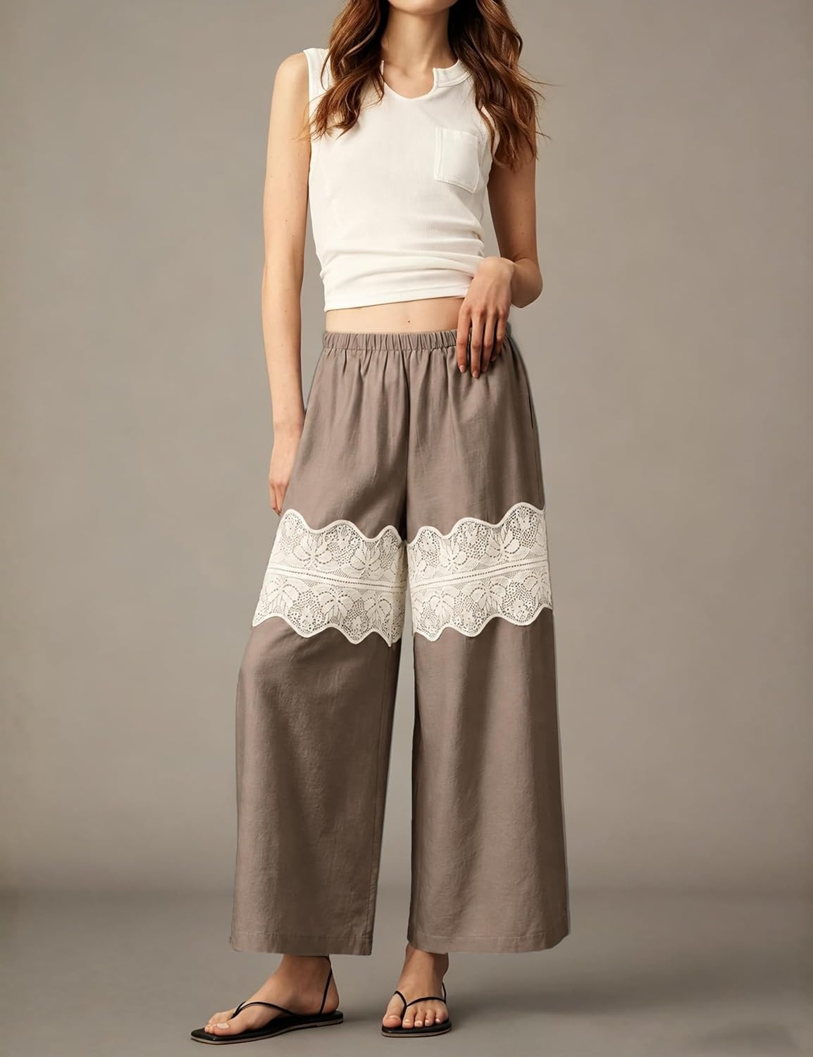 image:imageSpringrain Womens Wide Leg Lace Palazzo Pants Cotton Boho FallKhaki